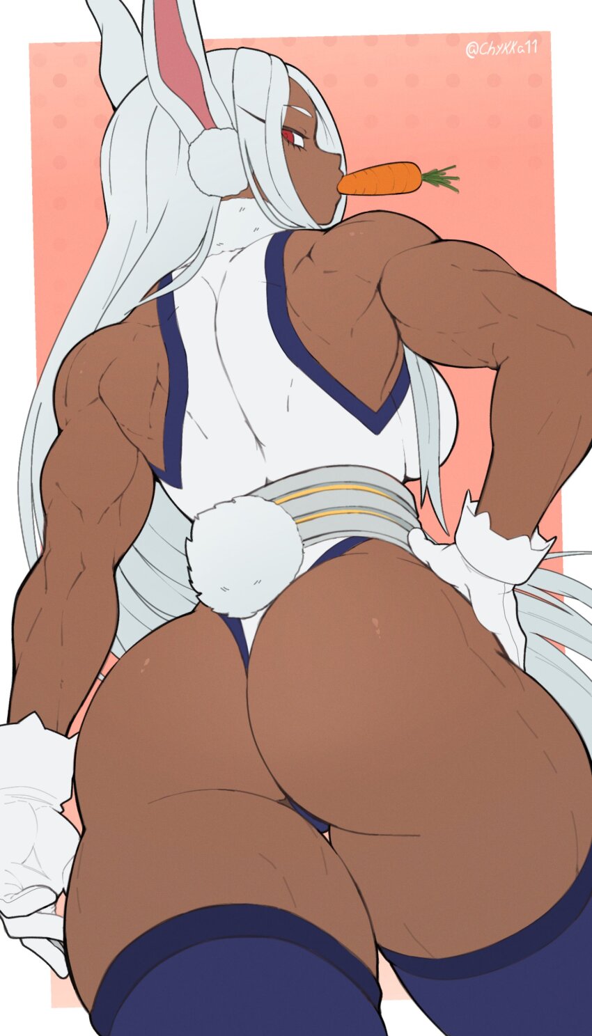 1girl, 1girls, absurdres, animal ear fluff, animal ears, arm at side, ass, ass of the gods, bare shoulders, biceps, boku no hero academia, border, breasts, carrot, commentary, cowboy shot, dark skin, dark-skinned female, female, female only, floating hair, food in mouth, from behind, fur collar, gloves, grey hair, hand on own hip, highres, leotard, long eyelashes, long hair, looking at viewer, looking back, majestic ass, medium breasts, mendo0821, mirko, miruko, mouth hold, muscular, muscular arms, muscular back, muscular female, muscular legs, my hero academia, outside border, pink background, profile, purple thighhighs, rabbit ears, rabbit girl, rabbit tail, red eyes, rumi usagiyama, solo, standing, tail, thick thighs, thighhighs, thighs, thong, thong leotard, twitter username, very long hair, white border, white gloves, white hair, white leotard