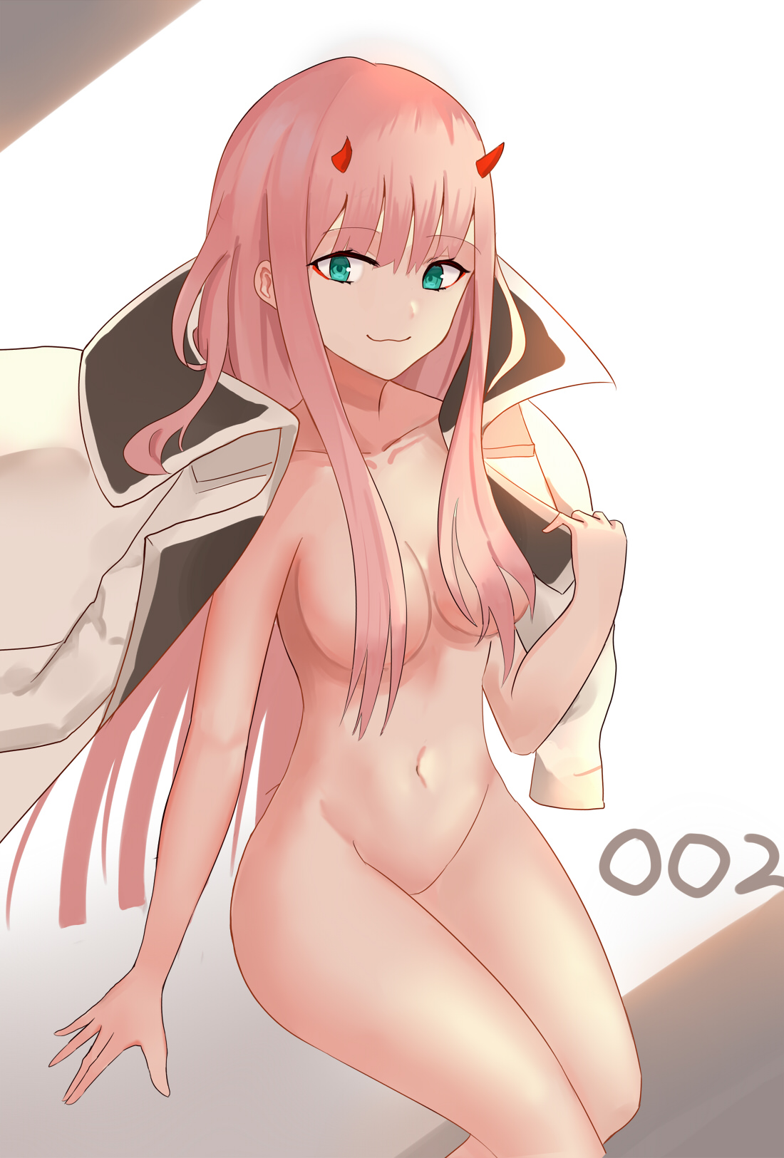 breasts, coat, darling in the franxx, female, hair covering breasts, hair over breasts, nude, nude female, pointy chin, red nine, zero two (darling in the franxx)