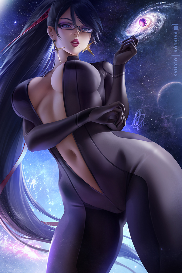 1girls, 2022, alternate version available, artist signature, ass visible through thighs, bayonetta, bayonetta (character), beauty mark, belly button, black bodysuit, black hair, blue eyes, bodysuit, breasts, earrings, female, female only, glasses, hips, i feel like a fucking celebrity in this town, large breasts, long hair, low-angle view, metroid, mole under mouth, nintendo, olchas, samus aran (cosplay), slim waist, space, thick lips, thick thighs, thighs, watermark, wide hips, zero suit