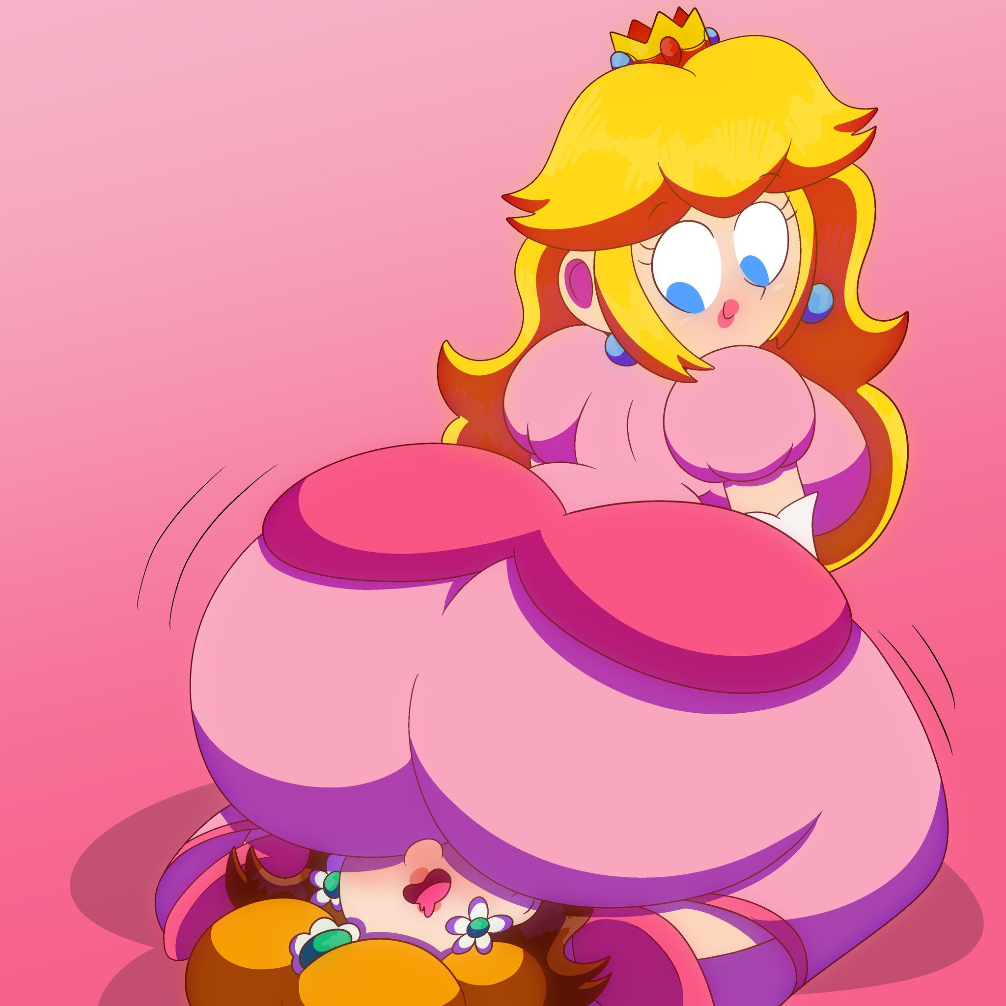 2girls, 3barts, ass, ass in dress, blush, bottom heavy, breasts, facesitting, female, female only, huge ass, huge breasts, mario (series), nintendo, pleasure face, princess daisy, princess peach, smothering, solo focus, thick thighs, wide hips, yuri