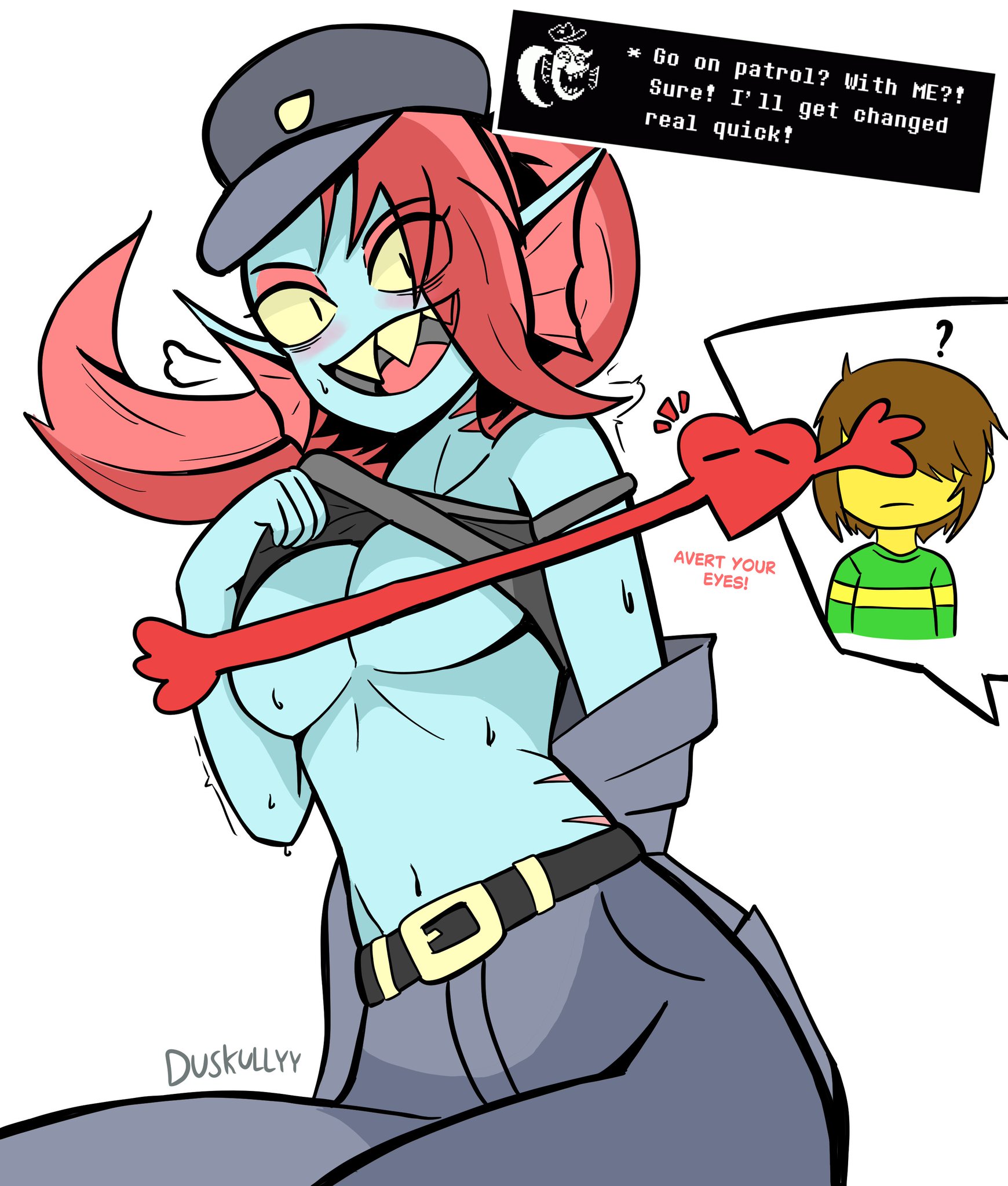 1girls, 1nonbinary, blue skin, cop, deltarune, dialogue, dialogue box, female, fish girl, kris (deltarune), police, police hat, police officer, policewoman, red hair, sharp teeth, soul (deltarune), topless, undertale (series), undyne, undyne (deltarune)