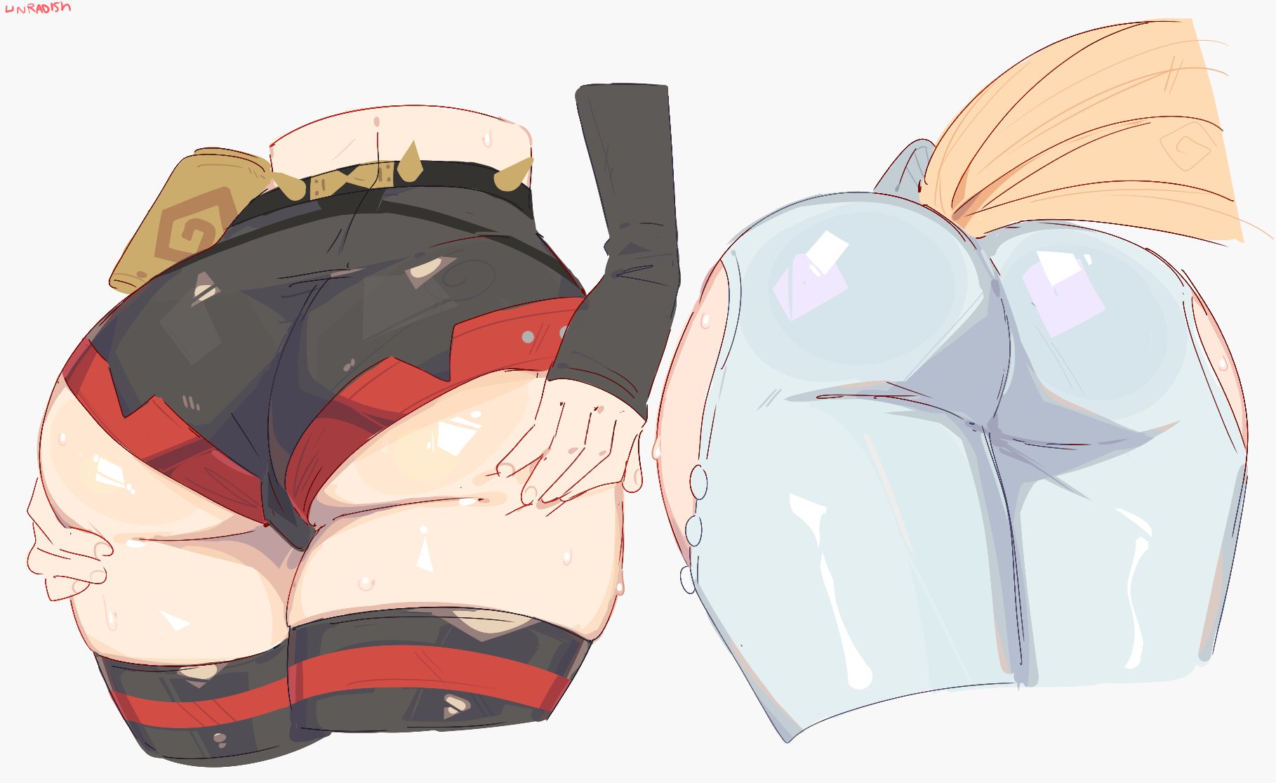 2girls, ass, ass focus, burnice white, female, female focus, female only, large ass, light skin, light-skinned female, sigrid de l'azur, thick thighs, thighs, unfamousradish, wide hips, zenless zone zero