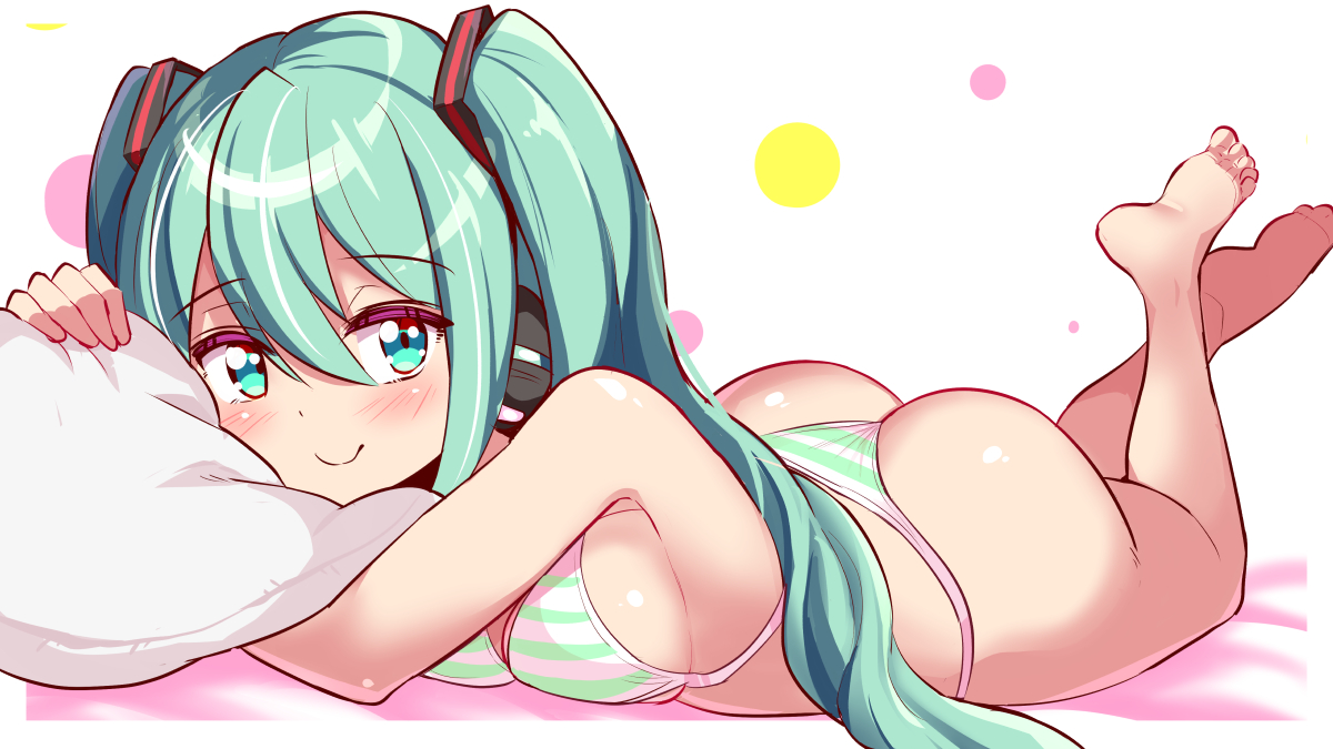 1girls, ass, barefoot, bikini, breasts, cougar1404, feet, female, hatsune miku, lying, pillow, tagme, vocaloid