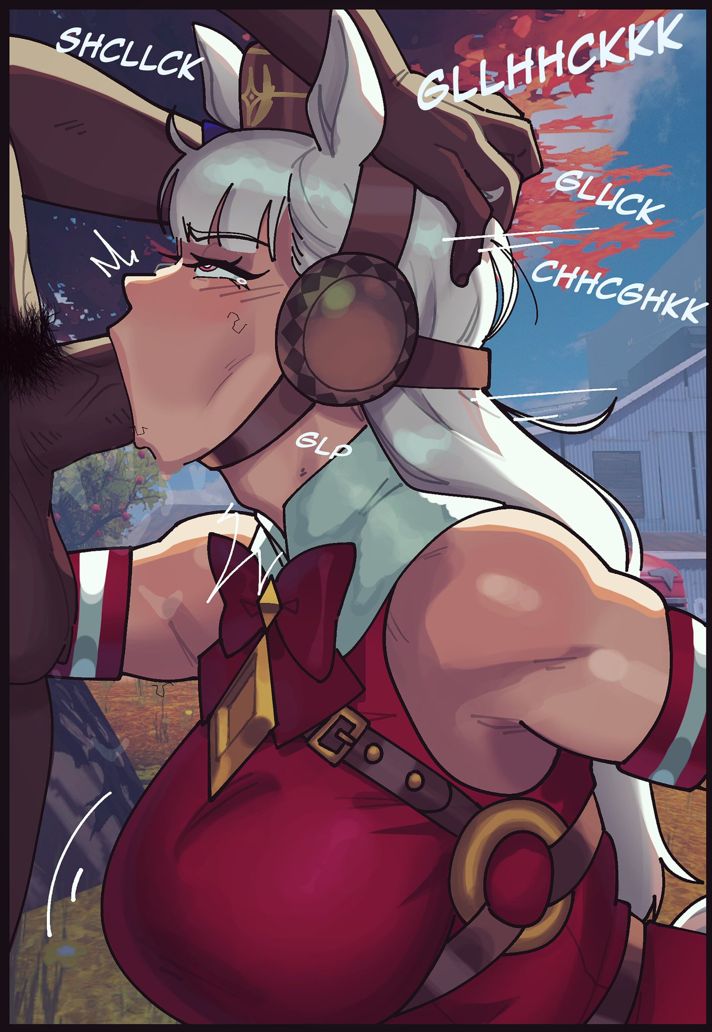 1girls, alternate version available, big breasts, blowjob, dark-skinned male, female, gold ship (umamusume), holding head, horse girl, johnv, light-skinned female, onomatopoeia, oral, pubic hair, stray pubic hair, toned arms, umamusume, umamusume pretty derby, white hair
