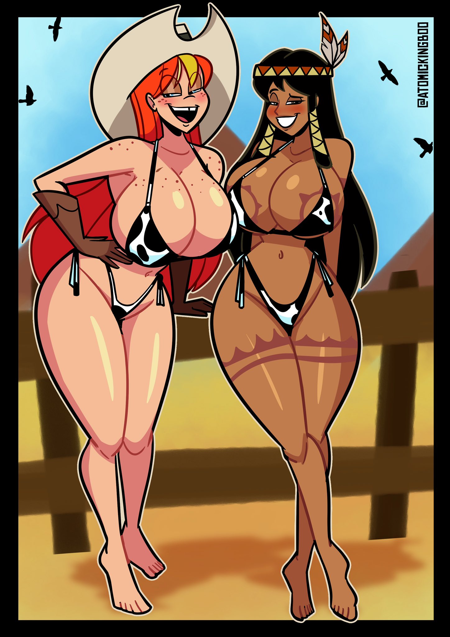 2026, 2d, 2d (artwork), 2d artwork, 2girls, arm tattoo, artist name, ass, atomickingboo, bethany hummingbird, big ass, big breasts, bikini, bird, birds, black hair, black hair female, black-haired female, blush, blush face, blushed face, blushing, blushing at viewer, blushing female, breast tattoo, breasts, buzzard, cow print, cow print bikini, cowgirl, cowgirl (western), cowgirl hat, digital media (artwork), duo, female, female only, fence, freckled face, freckles, freckles on breasts, freckles on chest, freckles on face, freckles on shoulders, ginger, ginger female, ginger hair, gloves, headdress, leg tattoo, light skin, light-skinned female, mostly nude, mostly nude female, mountain, mountains, native american, native american female, native american headdress, nude, nude female, oc, ocs, orange hair, orange hair female, orange-haired female, original, original character, original characters, ranch, rudy roundup, tan body, tan skin, tan-skinned female, tattoo, tattoo on arm, tattoo on breast, tattoo on chest, tattoo on legs, tattoos, tattoos everywhere, the besties (atomickingboo), thick thighs, thigh tattoo, thighs