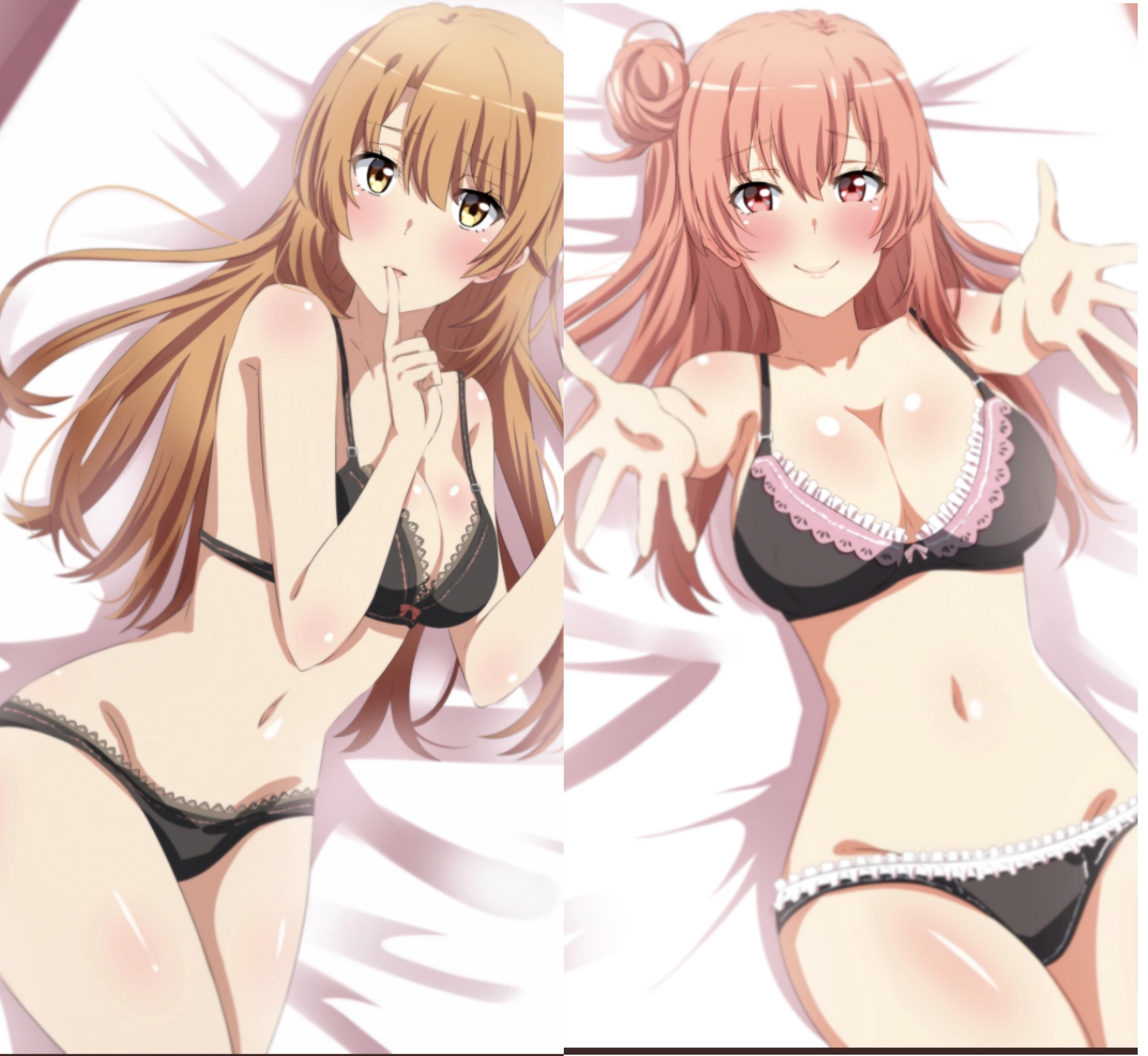 2girls, bed, collage, female, female only, isshiki iroha, lingerie, multiple females, multiple girls, my teen romantic comedy snafu, pointy chin, yuigahama yui