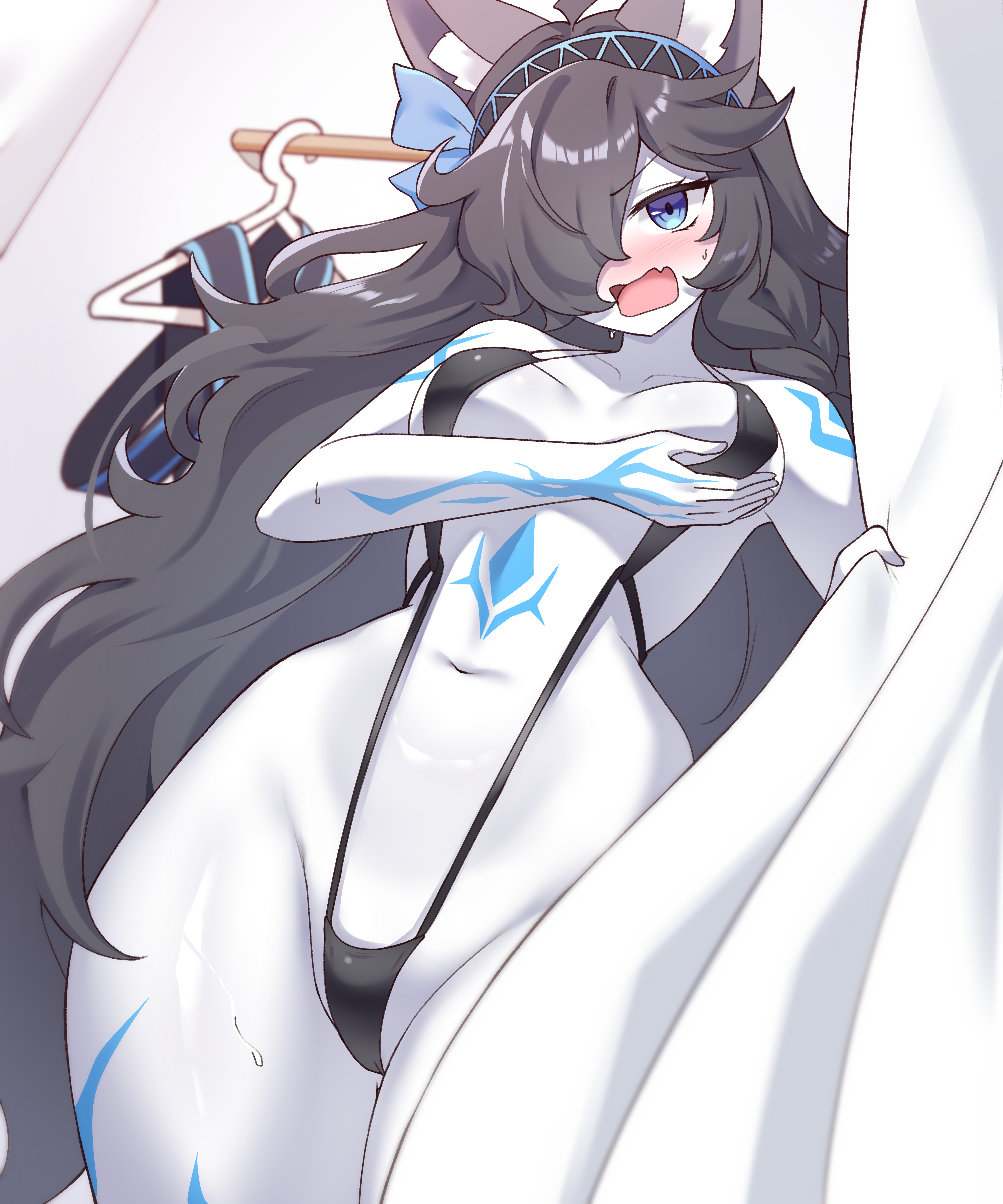 1girls, 2026, 2d, 2d (artwork), bikini, black hair, blue eyes, blush, boobs, breasts, cat ears, cat girl, color, colored, curvy, curvy female, curvy figure, digital media (artwork), embarrassed, embarrassed female, female, female only, hair, hi res, kasli the bane, light skin, light-skinned female, long hair, marks, marks on body, mouth open, nyanko daisensou, one-piece bikini, open mouth, partially clothed, rak rak yee, solo, sweat, sweatdrop, the battle cats, thighs, tits, video game character, video games, white body, white skin, wide hips