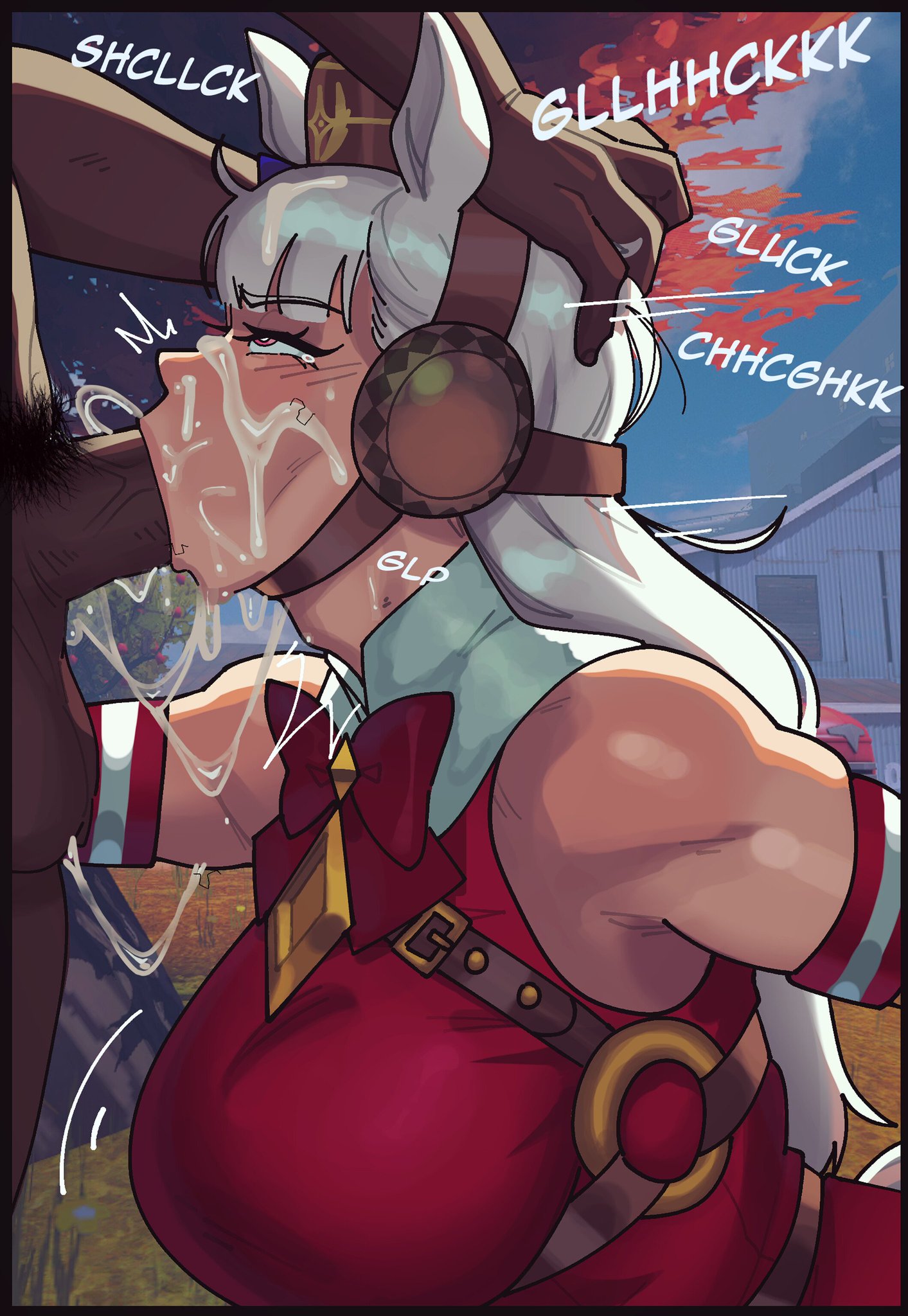 1girls, big breasts, blowjob, cum on face, dark-skinned male, female, gold ship (umamusume), holding head, horse girl, johnv, light-skinned female, onomatopoeia, oral, pubic hair, stray pubic hair, toned arms, umamusume, umamusume pretty derby, white hair