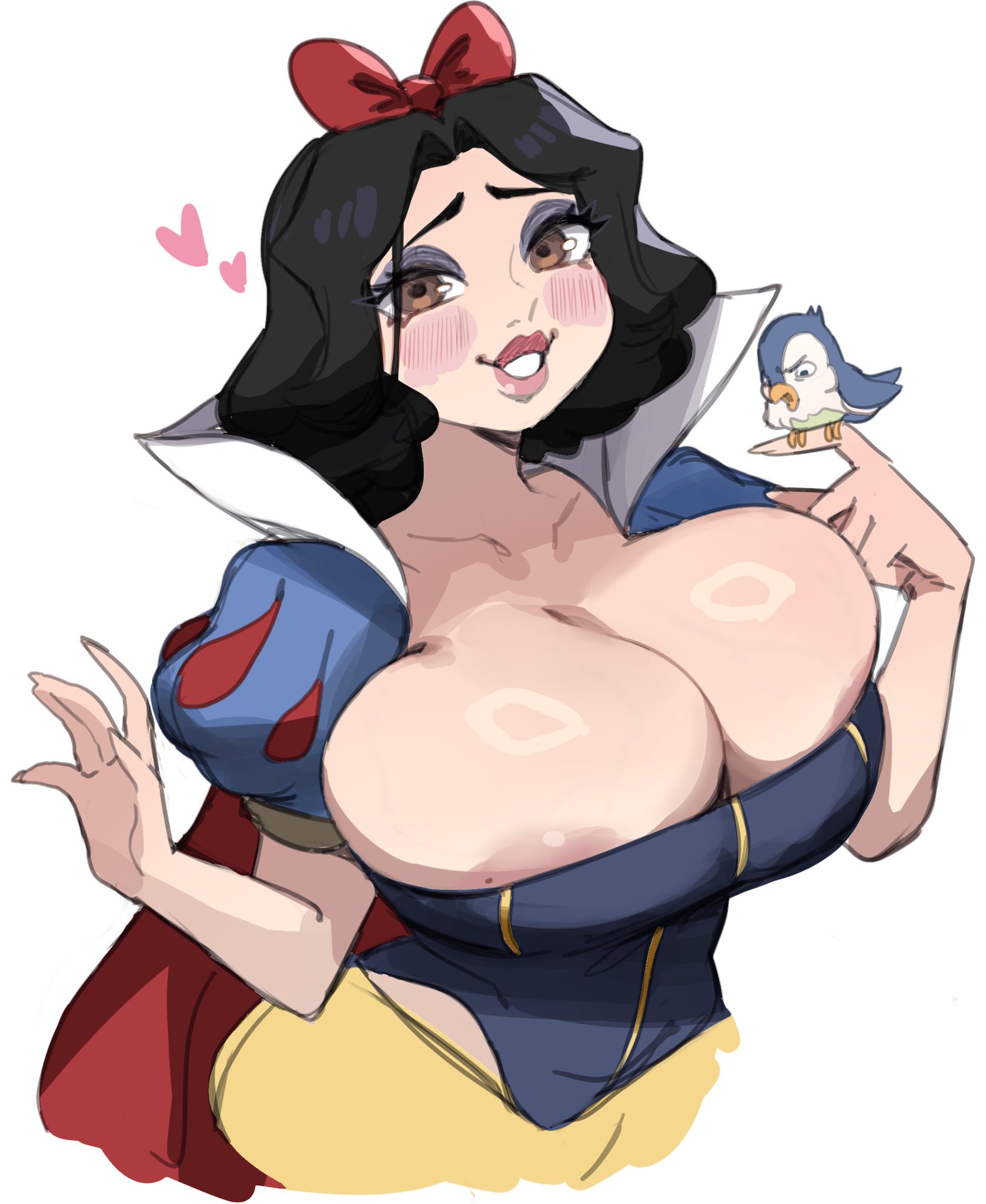 areola, areola slip, areolae, black hair, blush, brown eyes, cleavage, clothed, disney, lightsource, mole on breast, pale skin, snow white (disney), snow white and the seven dwarfs (1937 film)