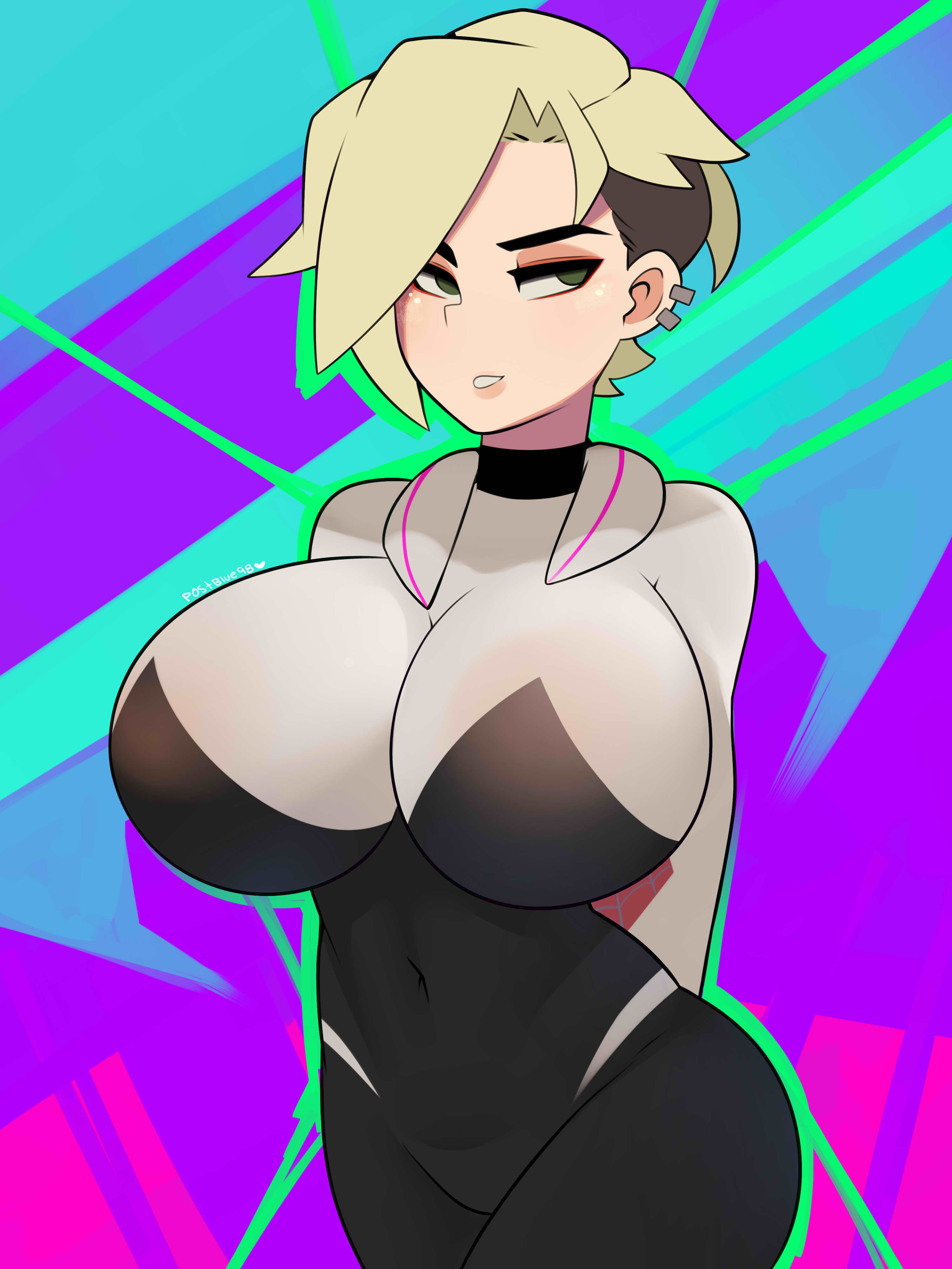 1girls, 2d, asymmetrical hair, big breasts, breasts, breasts bigger than head, clothed female, favorite, female, female focus, female only, green eyes, gwen stacy, gwen stacy (spider-verse), huge breasts, human, human only, humanoid, jpeg, large breasts, light skin, light-skinned female, marvel, marvel comics, not furry, pale skin, pale-skinned female, postblue98, short hair, solo, solo focus, spider-gwen, spider-man (series), spider-man: into the spider-verse, thick thighs