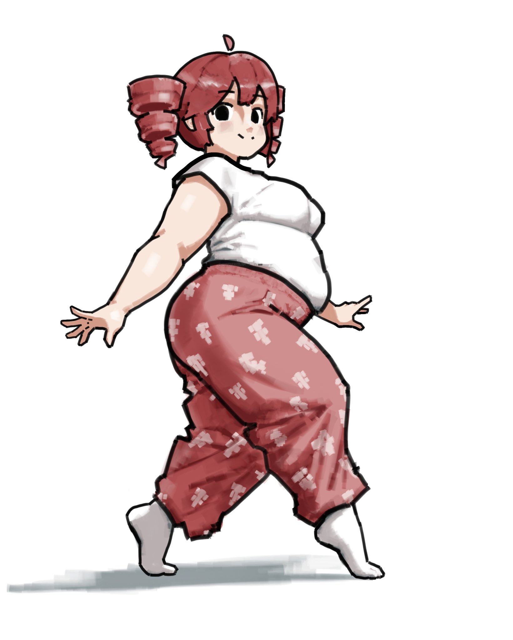 artist request, big breasts, chubby arms, chubby female, drill hair, fat ass, fatass teto, kasane teto, pajama pants, red pajamas, socks