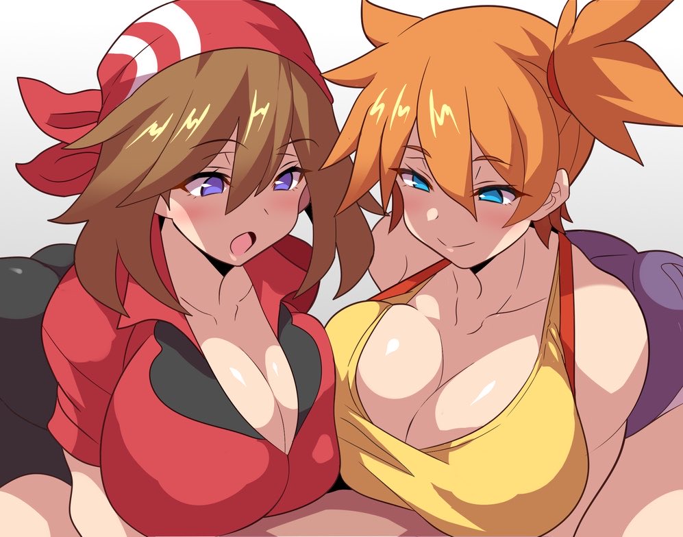2girls, aqua eyes, bandana, bare shoulders, bike shorts, blouse, blue eyes, breasts, brown hair, cleavage, gym leader, hair between eyes, jewelry, kasumi (pokemon), konno tohiro, large breasts, looking at viewer, may (pokemon), micro shorts, midriff, misty (pokemon), multiple girls, nintendo, open mouth, orange hair, pokemon, pokemon (anime), pokemon (classic anime), red bandana, red shirt, shirt, short hair, shorts, sleeveless, sleeveless shirt, smile, suspenders, yellow shirt