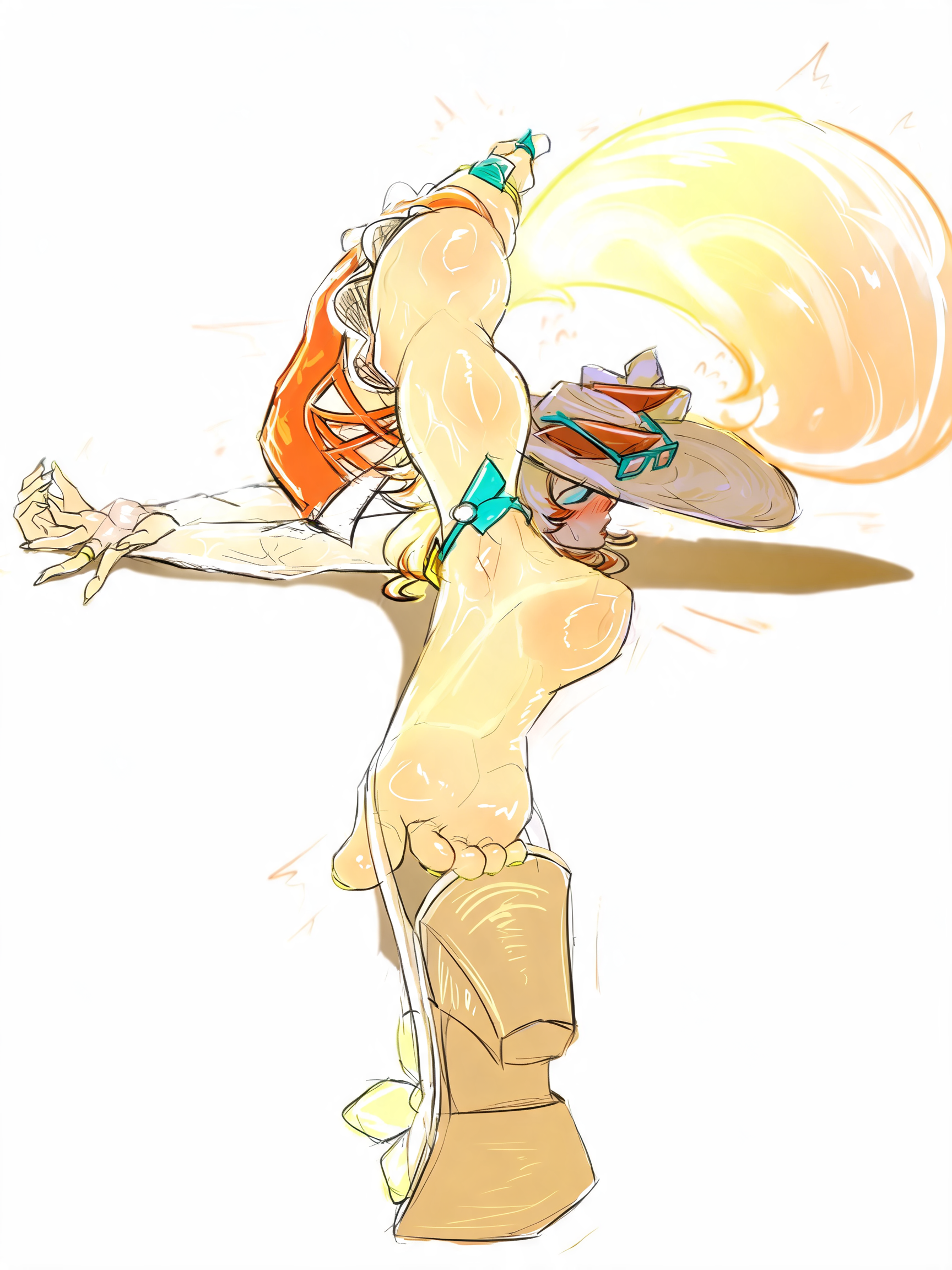2d, barefoot, bright colors, clothed, contortion, exercise, feet, female, female only, foot fetish, fully clothed, infamoustekazu, marvel, marvel rivals, odd pose, solo, solo female, split, splits, tekazu, thick thighs, unusual anatomy, white fox (coastal kumiho), white fox (marvel rivals), white fox (marvel), yellow skin, yellow tail