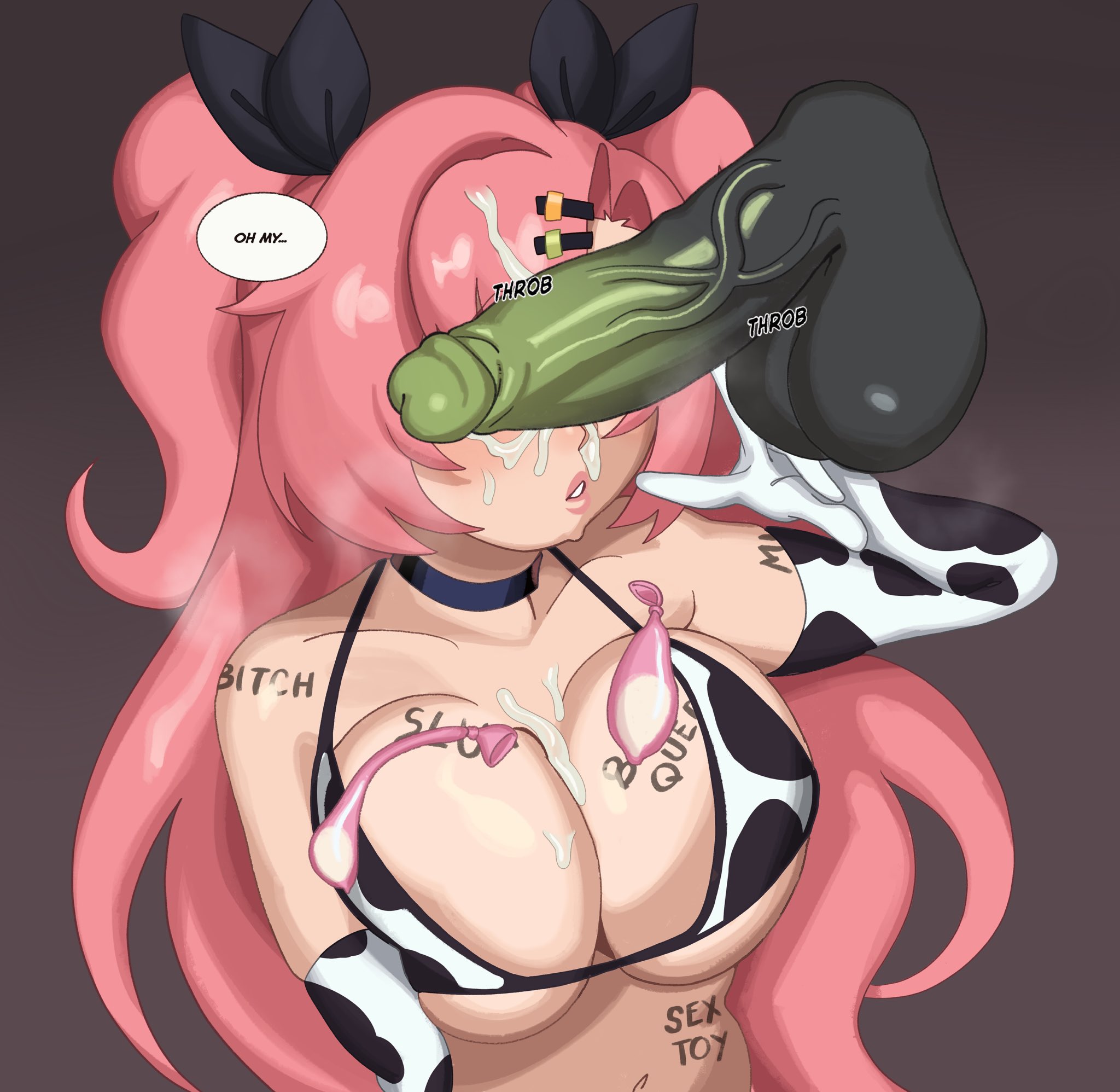1girls, cow print bikini, cum, female, hoyoverse, light skin, light-skinned female, nicole demara, penis, penis over eyes, pink hair, used condom, zenless zone zero