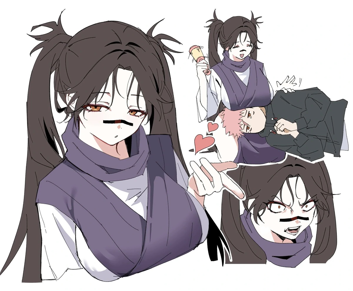 1boy, 1girls, breasts on head, busty, busty female, choso kamo, facial expressions, female, genderswap (mtf), head on lap, heart, itadori yuuji, jujutsu kaisen, lap pillow, male, male/female, older female, older sister, pink hair, rule 63, siblings, taking care, twintails, younger brother, younger male, yuji itadori