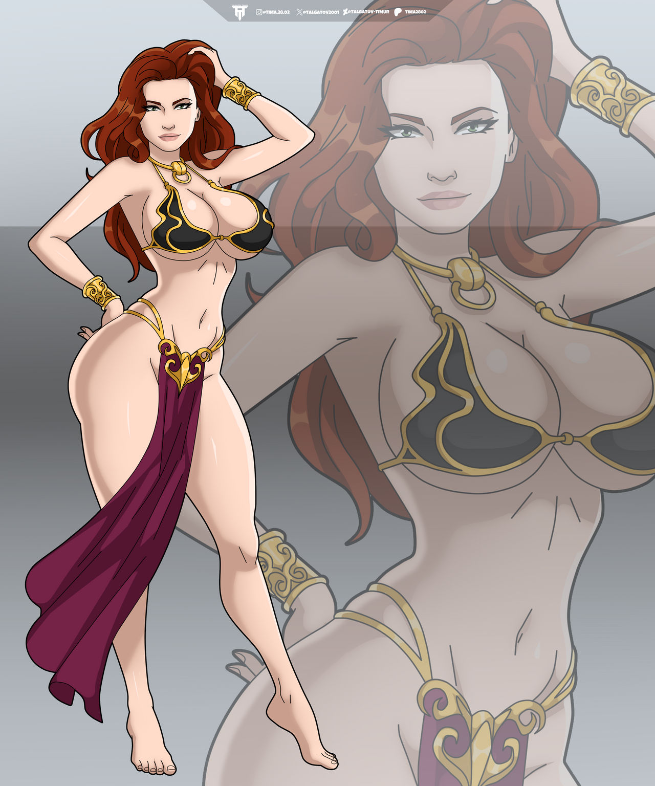 1girls, barefoot, belly dancer, belly dancer outfit, bracelet, cleavage, green eyes, harem girl, harem outfit, huge breasts, loincloth, looking at viewer, mara jade skywalker, posing, red hair, slave, slave bikini, slave collar, slave girl, slave leia (cosplay), slave outfit, star wars