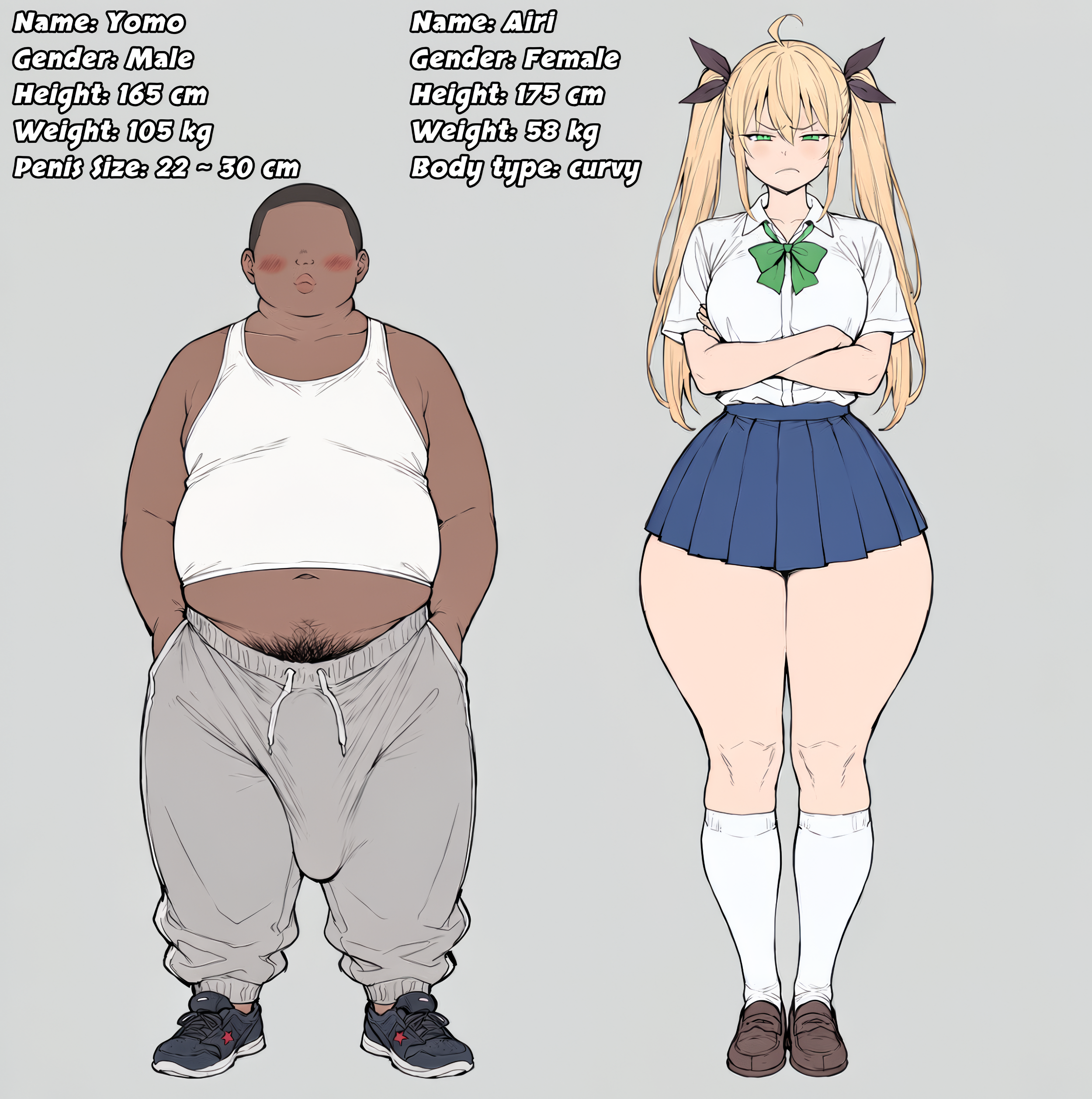 1boy, 1girls, ai generated, aryan, big ass, big breasts, blonde, blonde hair, blush, bulge, bulge through clothing, bulge under clothes, character profile, character sheet, crossed arms, curvy, curvy figure, dark skin, dark-skinned male, english text, eyeless male, fat male, female, full body, green eyes, green ribbon, hair ribbon, hung fatso, jogging pants, large ass, large breasts, light skin, light-skinned female, male, massive penis, pale skin, pale-skinned female, pants, penis bulge, pubic hair, ribbon, school uniform, schoolgirl, schoolgirl uniform, shirt, shoes, shorter male, simple background, skirt, socks, standing, taller female, tank top, teenage girl, teenager, text, thick lips, thick thighs, thighs, twintails, upscaled, white socks, white tank top, wide hips