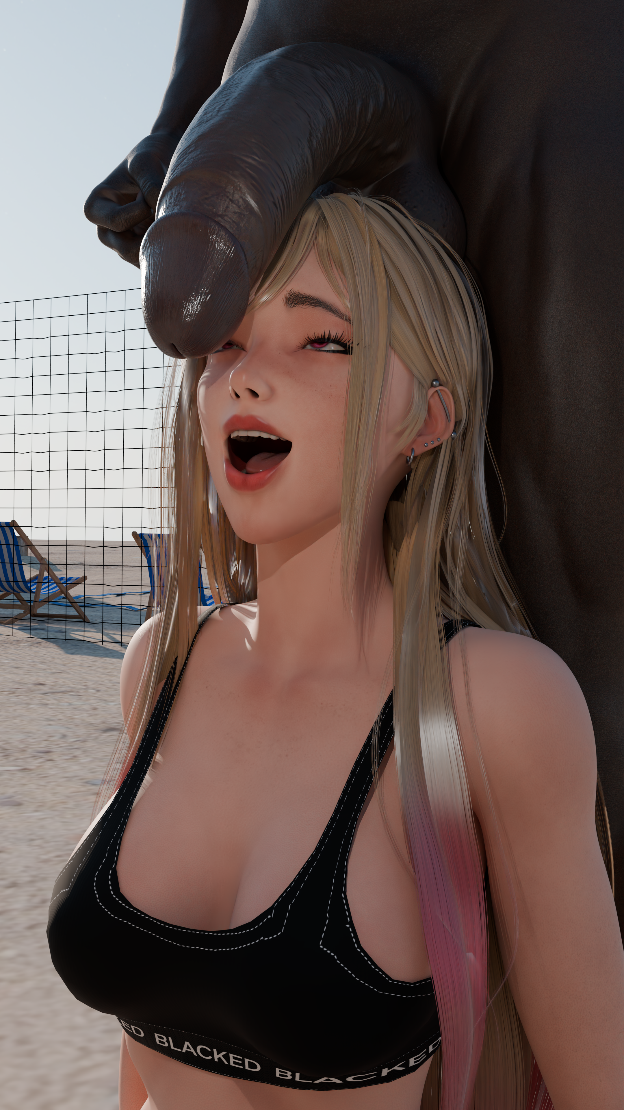3d, beach, beautiful, big penis, blacked, blacked clothing, blonde female, blonde hair, dark skin, dark-skinned male, dick on face, happy, icedev, interracial, kitagawa marin, kitagawa marin (r2 studio), marin kitagawa, my dress up darling, noctryanim, r2 studio, sono bisque doll wa koi wo suru
