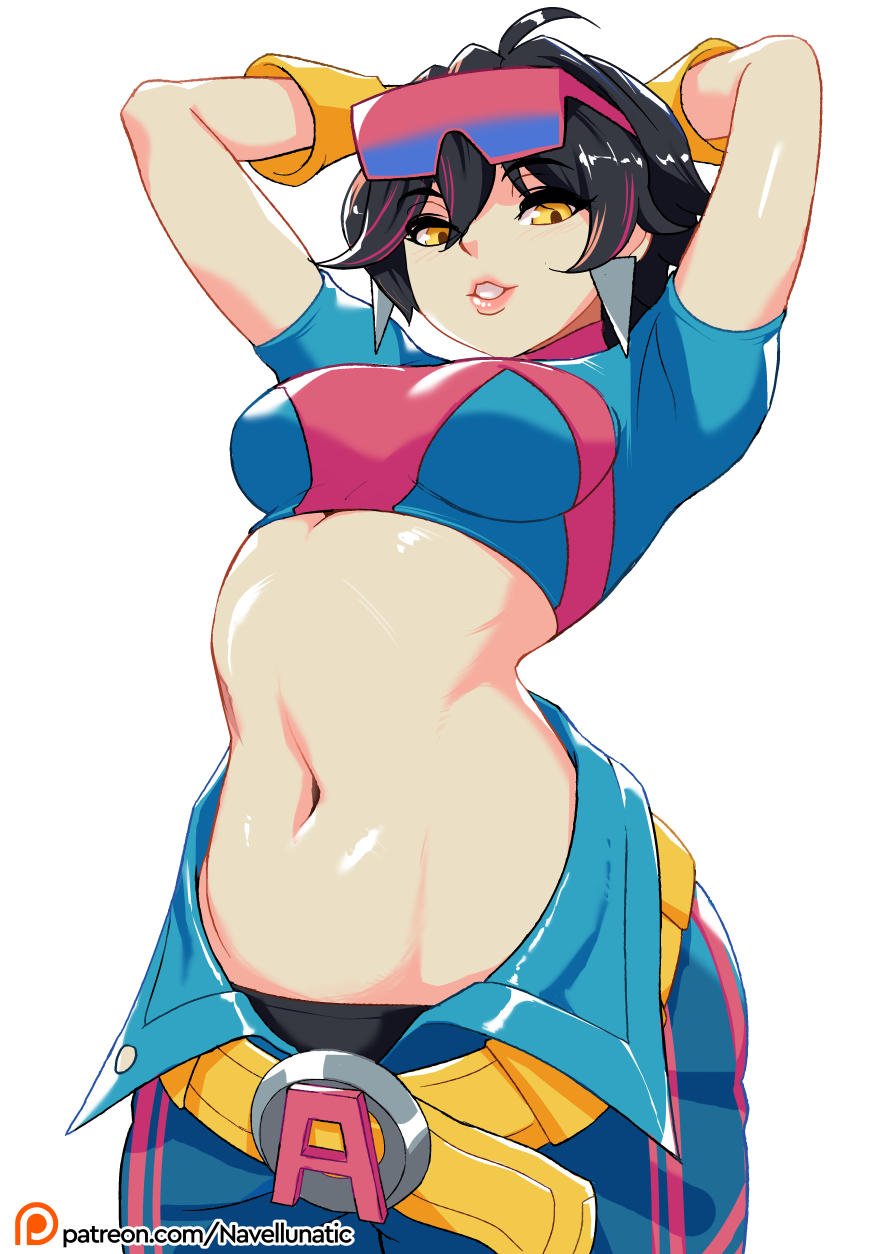 2d, clothed, female torso, fully clothed, jubilation lee, jubilee, jubilee (marvel rivals), looking at viewer, marvel, marvel rivals, midriff, navel, navellunatic, solo, solo female, x-men