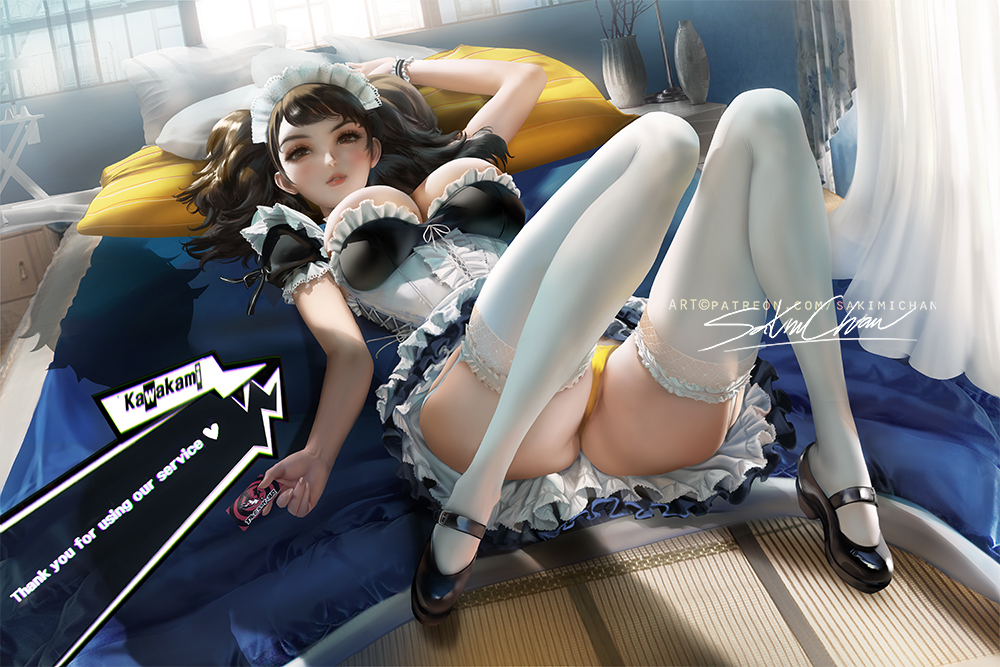 1girls, ass, atlus, becky (persona), big breasts, breasts, cleavage, female, female only, large breasts, looking at viewer, lying down, maid, maid headdress, maid uniform, megami tensei, panties, persona, persona 5, pinup, sadayo kawakami, sakimichan, solo, tagme, thighhighs, uncensored