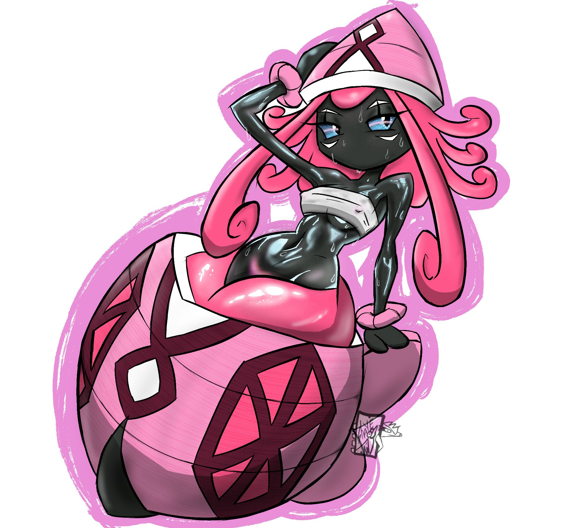 arm up, armpits, artist request, black body, blue eyes, breasts, female, female focus, female only, hand on head, headgear, humanoid, humanoid female, humanoid only, legendary pokemon, long hair, navel, nipple bulge, pink hair, pokemon, pokemon (species), shiny skin, slim waist, sweat, sweatdrop, sweating, tagme, tagme (artist), tapu lele, topwear, underboob, wide hips