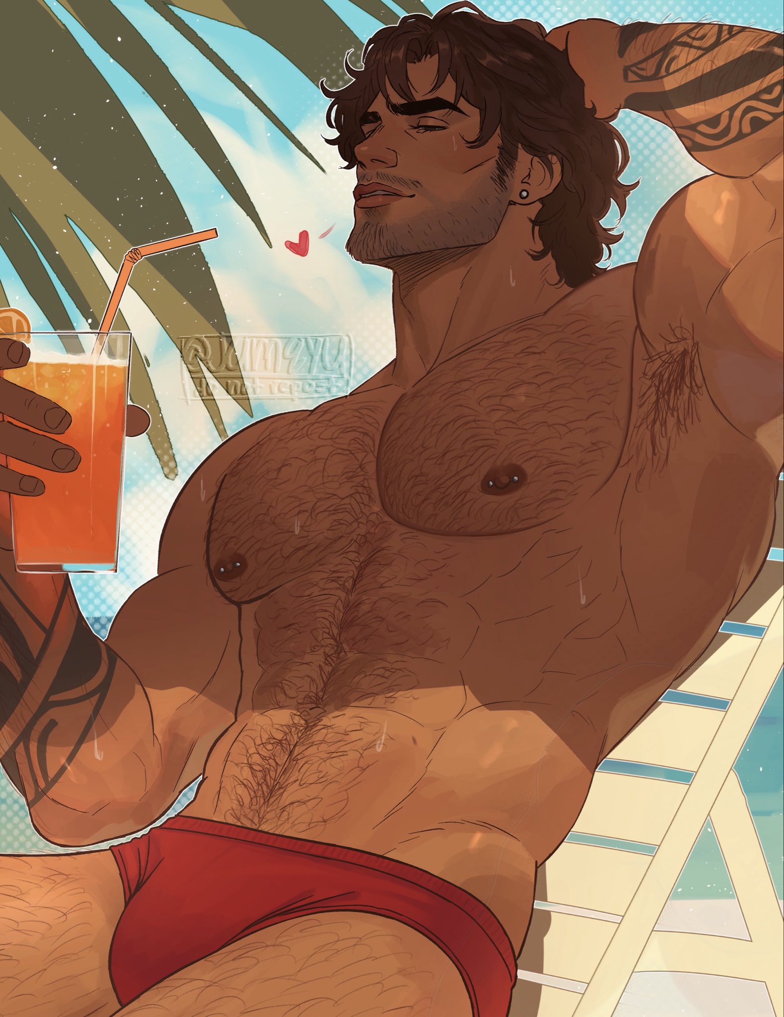 beach, hairy, hairy chest, hairy male, jamqyu, male, male only, marvel, marvel rivals, nipple piercing, nipple piercings, parker robbins, speedo, speedo only, swimsuit, swimwear, the hood, the hood (marvel rivals)