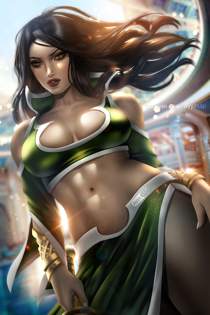 1girls, arabian, arabian clothes, arabian female, ayyasap, batman (series), belly, belly button, black hair, breasts, cleavage, dc, dc comics, female, female only, green eyes, harem outfit, large breasts, looking at viewer, milf, mother, persian clothing, persian female, realistic, sarong, skirt, solo, talia al ghul