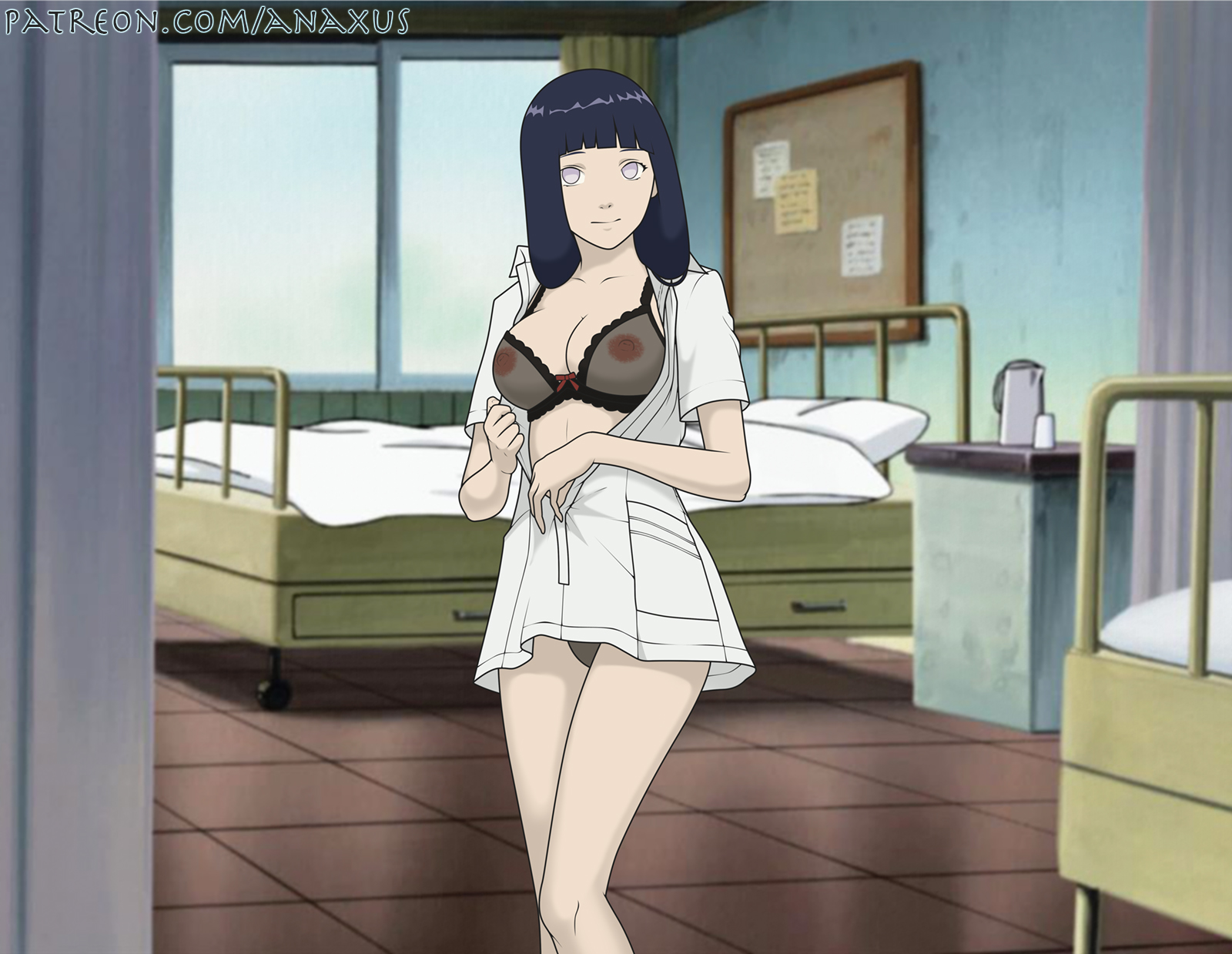 1girls, anaxus, areolae, bra, breasts, cleavage, costume, female, female only, hyuuga hinata, looking at viewer, naruto, naruto (series), naruto shippuden, nipples, nurse, nurse uniform, open shirt, panties, purple hair, see-through, shirt, smile, underwear, undressing, violet eyes