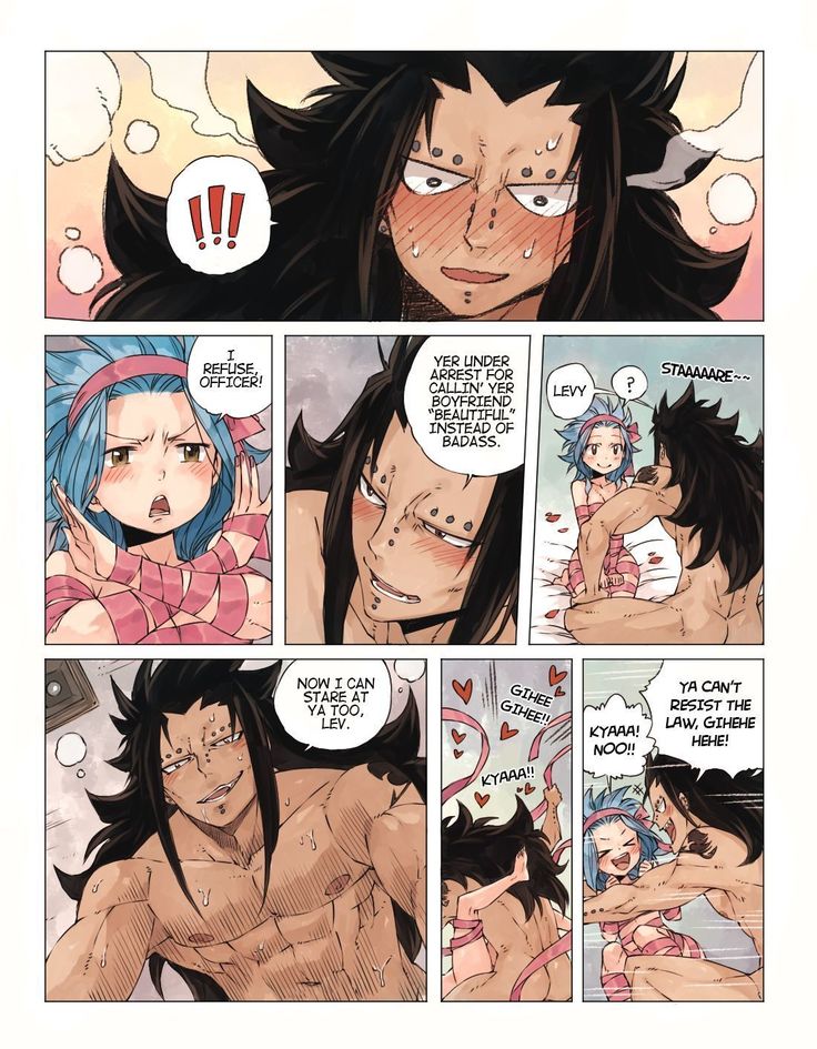 black_hair blue_hair blush fairy_tail female flustered gajeel_redfox hetero larger_male levy_mcgarden panels pink_ribbon rusky size_difference smaller_female tattoo text