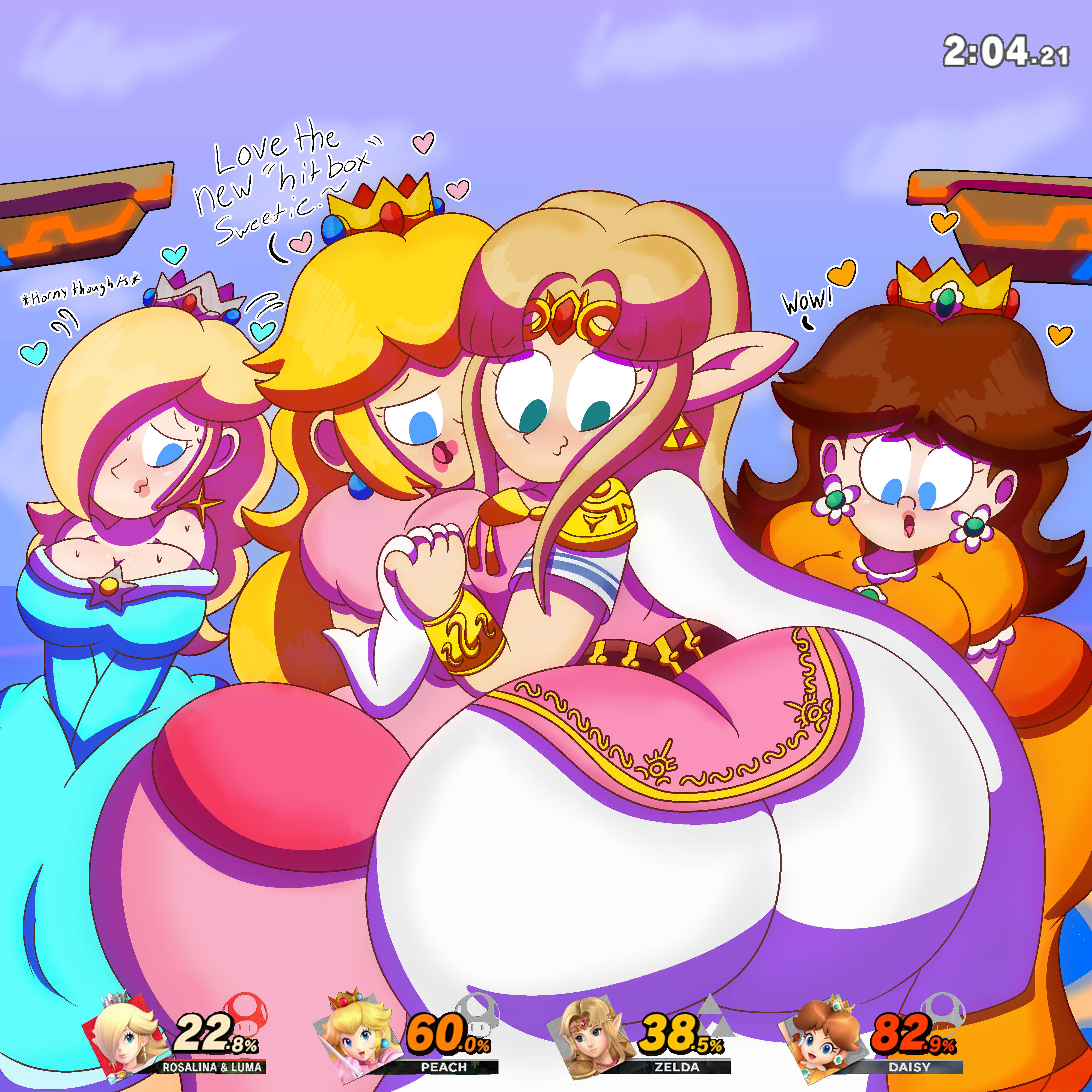 3barts, 4girls, ass, ass awe, ass focus, ass in dress, battlefield (super smash bros), big ass, big butt, blonde hair, blue eyes, blush, bottom heavy, breasts, brown hair, bubble ass, bubble butt, clothed, clothing, crossover, dress, english text, female, female only, heart, huge ass, looking at another, looking at ass, mario (series), multiple females, multiple girls, nintendo, outdoors, princess daisy, princess peach, princess rosalina, princess zelda, shocked, sky, staring at ass, super smash bros., text, the legend of zelda, thick ass, tight clothing, yuri, zelda (a link between worlds)