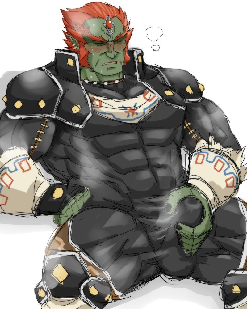 akuann balls_outline balls_under_clothes bara blush boner closed_eyes clothed_masturbation clothing erection erection_under_clothes fully_clothed ganondorf ganondorf_(ocarina_of_time) gerudo green_skin hand_on_thigh jacking_off jerking jerkingoff looking_pleasured majora's_mask male male_masturbation male_only masturbating masturbation masturbation_through_clothing muscular_male ocarina_of_time open_mouth orgasm_face penile_masturbation precum precum_through_clothing sitting solo solo_male spread_legs steam steaming_body stroking stroking_cock stroking_penis sweating the_legend_of_zelda