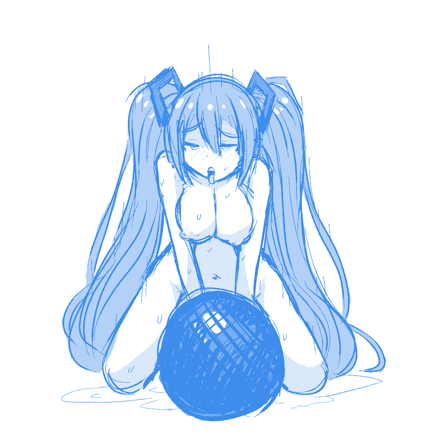 1girl, 1girls, areolae, bare shoulders, belly, blue theme, blush, bottomless, breasts, cleavage, closed eyes, completely nude, female, female masturbation, female only, female orgasm, grinding, hair between eyes, hair up, half-closed eyes, hanging breasts, hatsune miku, inksgirls, kneeling, large breasts, leaning forward, long hair, looking pleasured, masturbation, micro female, micro on macro, microphone, monochrome, motion lines, navel, nipples, no bra, no panties, nude, open mouth, orgasm, orgasm face, pleasure face, pussy, pussy juice, pussy juice puddle, riding, rubbing, shrinking, shrunk, sketch, solo, spread legs, straddling, sweat, sweatdrop, thrusting, tied hair, tongue, tongue out, topless, twintails, very long hair, vocaloid, wet pussy, white background, wide hips
