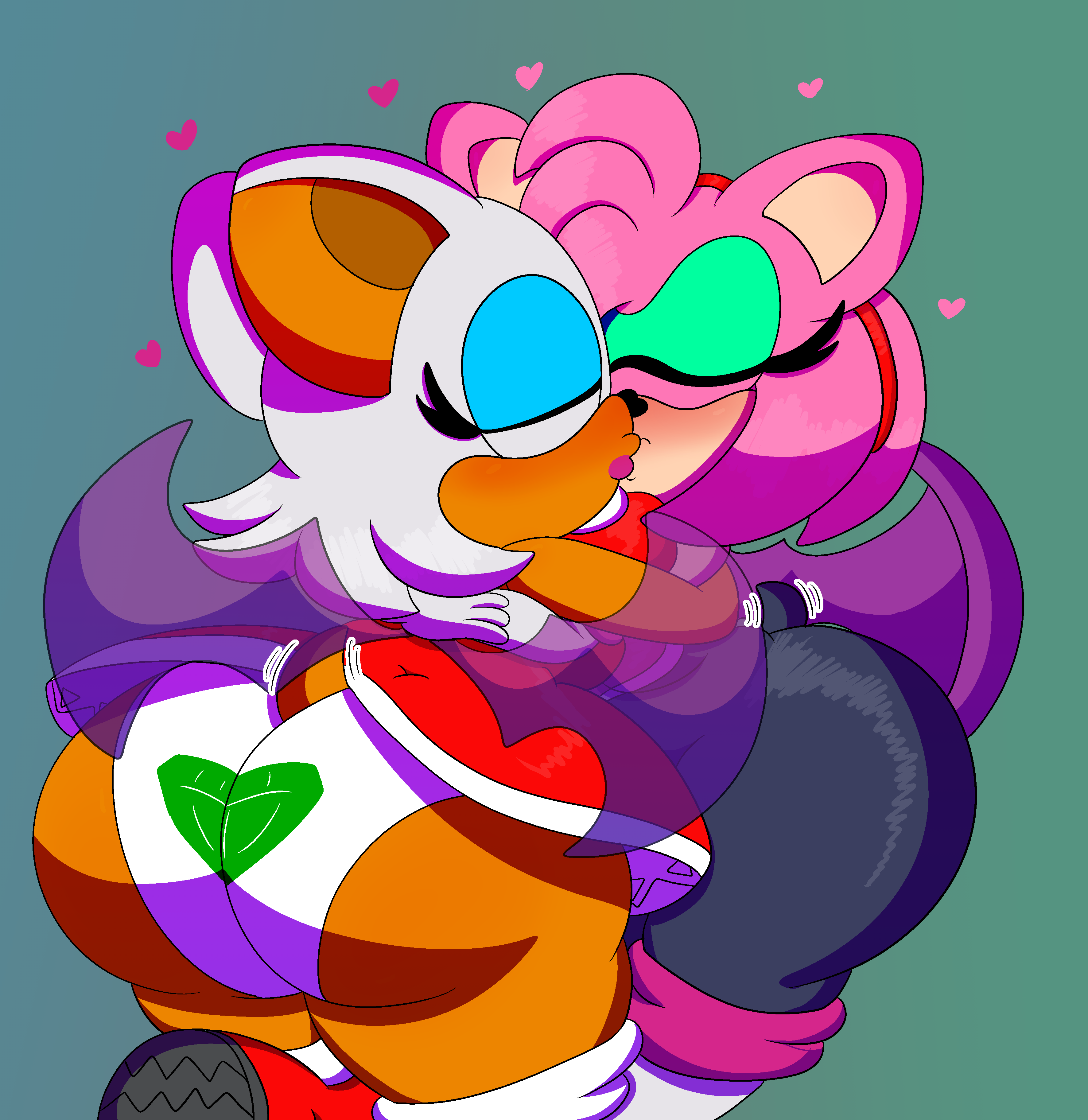 2girls, 3barts, alternate ass size, amy rose, amy rose (cosplay), amy the bat, ass, ass focus, bimbo, breasts, bubble ass, bubble butt, butt focus, female, female only, heart, huge ass, huge breasts, kissing, multiple females, multiple girls, panties, rouge rose, rouge the bat, rouge the bat (cosplay), sega, skin tight, sonic (series), sonic the hedgehog (series), thick thighs, tight clothing, white panties, widescreen, yuri