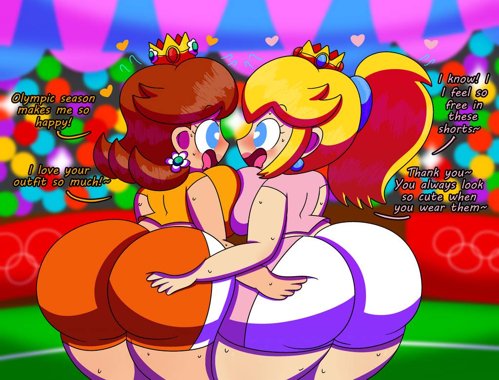 2girls, 3barts, ass, ass grab, ass worship, big ass, big butt, breasts, bubble ass, bubble butt, dialogue, female, female only, groping, heart-shaped pupils, huge ass, mario (series), mario and sonic at the olympic games, nintendo, princess daisy, princess peach, short shorts, sports uniform, sportswear, sweat, thick ass, wide hips, yuri