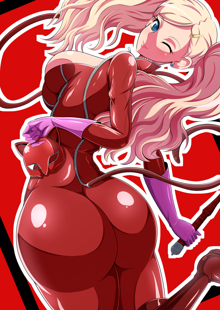 ann_takamaki aokura_shou atlus big_breasts blonde_hair blue_eyes clothed_female female female_only gloves latex long_hair looking_at_viewer persona persona_5 pink_gloves pointy_chin solo tail unzipped whip winking zipper