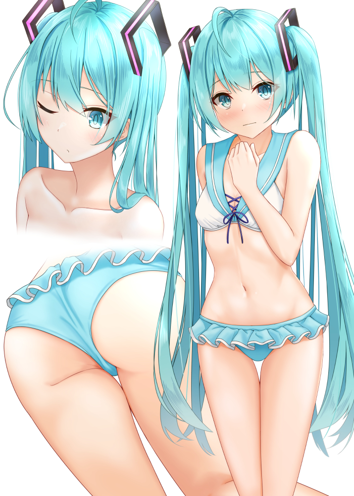 1girls :o aqua_eyes aqua_hair ass bikini bikini_skirt bikini_top blush breasts collarbone crop_top embarrassed female full_body hatsune_miku long_twintails miniskirt navel sailor_bikini skirt small_breasts solo standing stomach swimsuit thigh_gap twintails very_long_hair vocaloid white_bikini