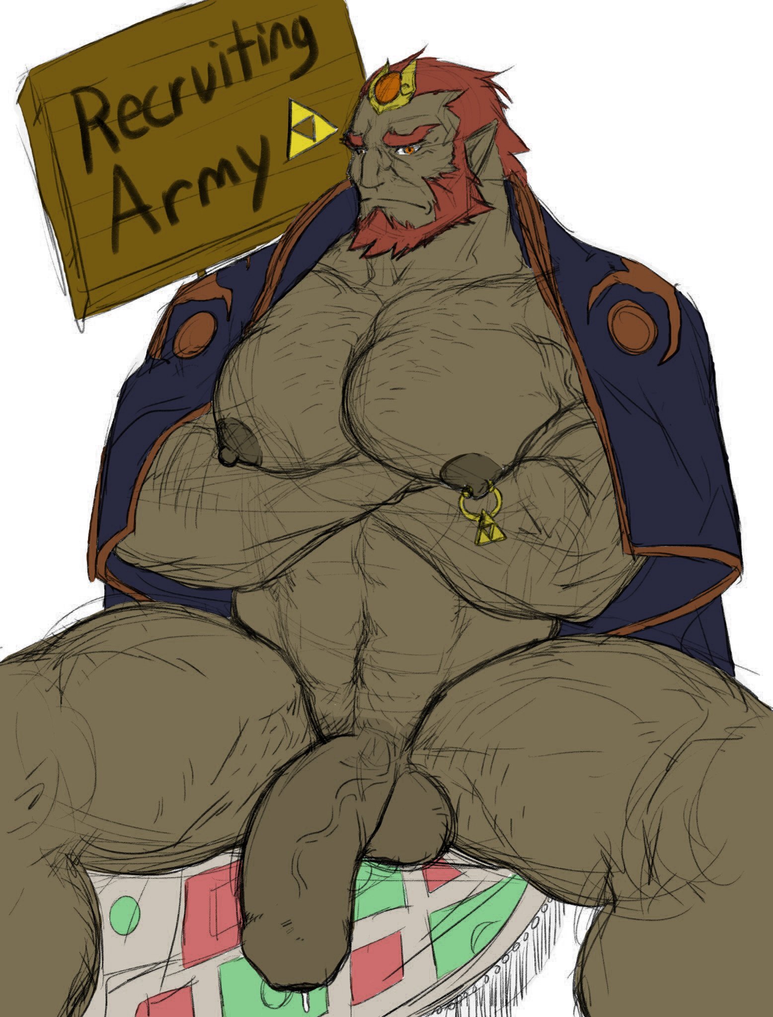 arms crossed, arms crossed under pecs, balls, bara, beard, big arms, big balls, big legs, big pecs, big penis, chest hair, clothing, cum drip, daddy, dilf, facial hair, fat cock, flaccid, foreskin, ganondorf, ganondorf (wind waker), gay, gerudo, green skin, leg hair, looking at viewer, male, male only, massive balls, muscles, muscular, muscular arms, muscular legs, muscular male, nipple piercing, nipples, penis, piercing, red hair, sign, sitting, solo, spread legs, text, the legend of zelda, the wind waker, triforce, uncircumcised, uncut, unretracted foreskin, veins, veiny muscles, veiny penis, wind waker, yaoi