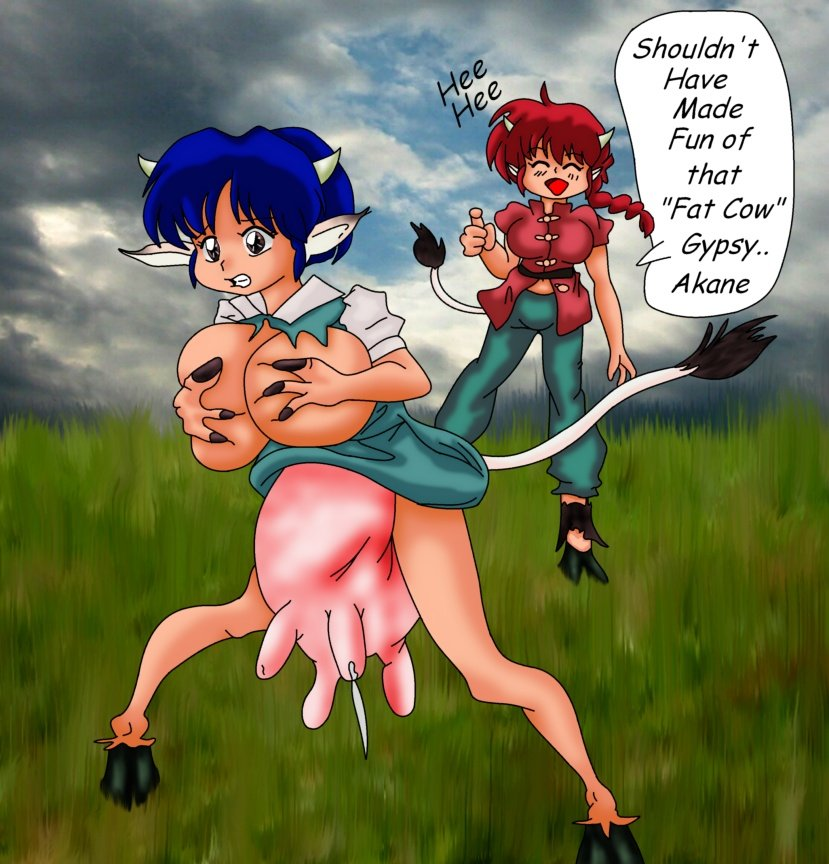 2girls akane_tendo breast_expansion canon_genderswap cow_girl cow_horns cow_tail english_text female female_only furry gouly huge_breasts human humanoid multiple_girls ranma-chan ranma_1/2 ranma_saotome text transformation