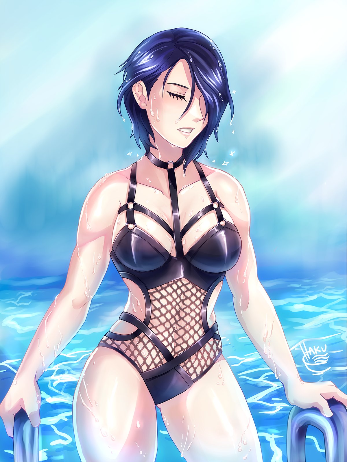 big breasts, blue hair, breasts, closed eyes, female, female focus, female only, fire emblem, fire emblem: three houses, hakuramen, nintendo, pool, shamir nevrand, short hair, solo, solo female, solo focus, swimsuit, thick thighs, thighs, wet, wet body