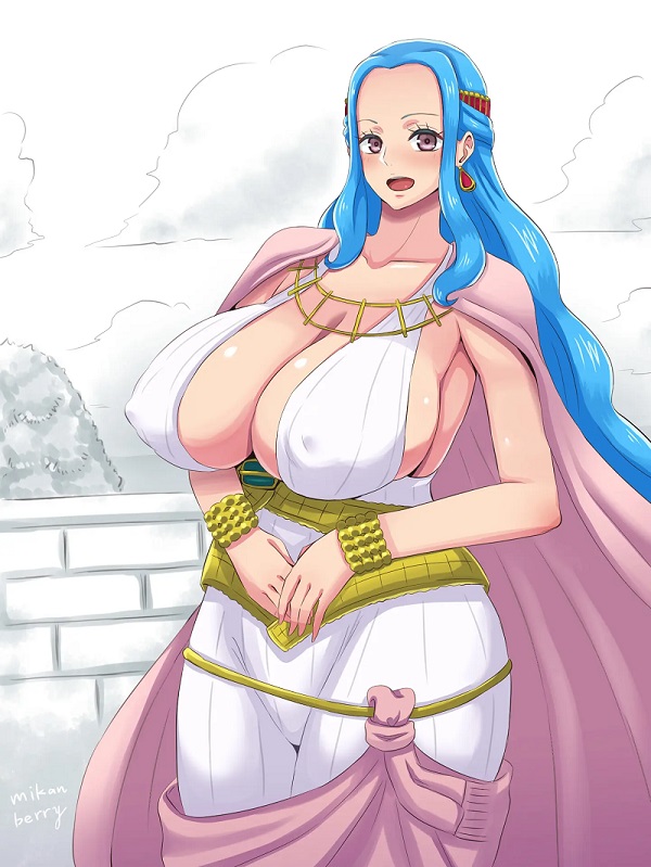 1girls, 2d, big breasts, blue hair, breasts, breasts bigger than head, female, female only, mikanberry, nefertari vivi, no bra, one piece, pendulous breasts, princess, shounen jump, solo