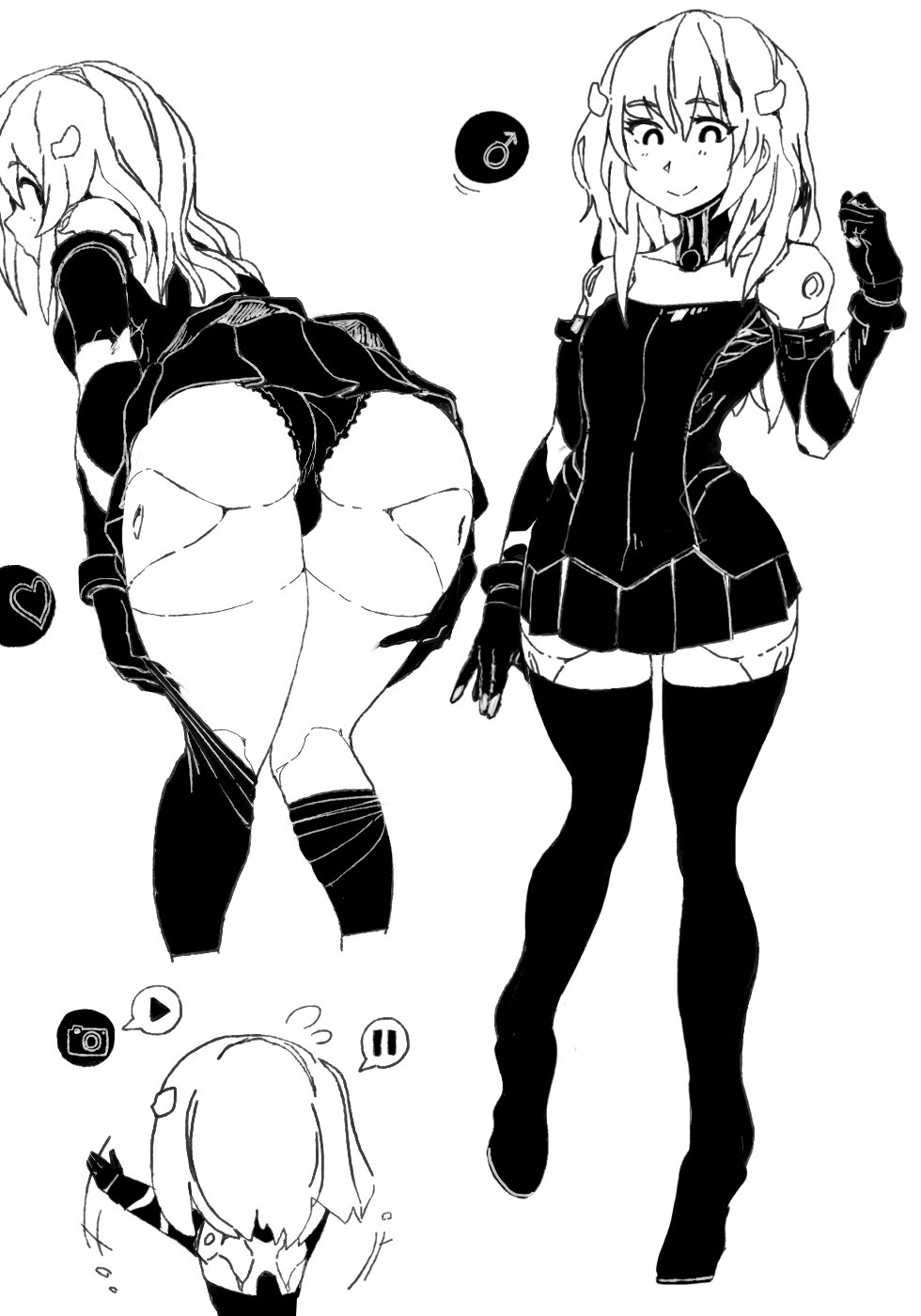 1boy, android, ass, balls, balls in panties, black and white, collar, dizzyspells, femboy, girly, gloves, horns, long hair, male, male only, minidress, original, original character, panties, renren (dizzyspells), stockings, thighhighs