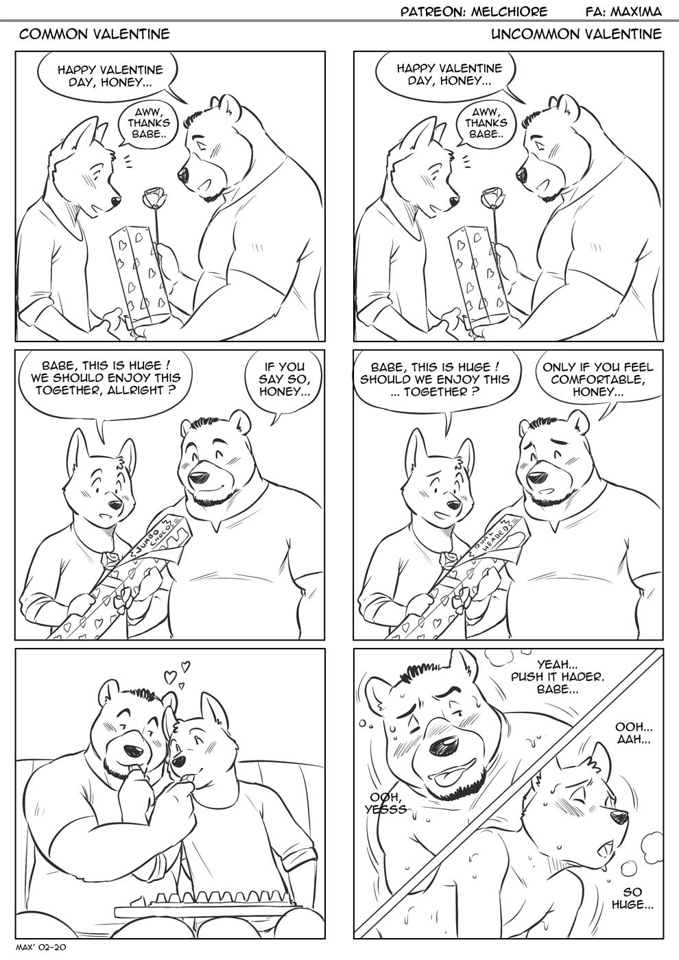 2020 ahe_gao anthro anthro_on_anthro black_and_white blush canid canine clothed clothing comic couple_(romantic) dialogue dildo double_dildo duo english_text facial_hair furniture goatee heart hi_res holidays looking_pleasured male male/male mammal maxima maxima_(artist) monochrome romantic_ambiance romantic_couple sex_toy shirt sitting sofa text tongue tongue_out topwear ursid valentine's_day