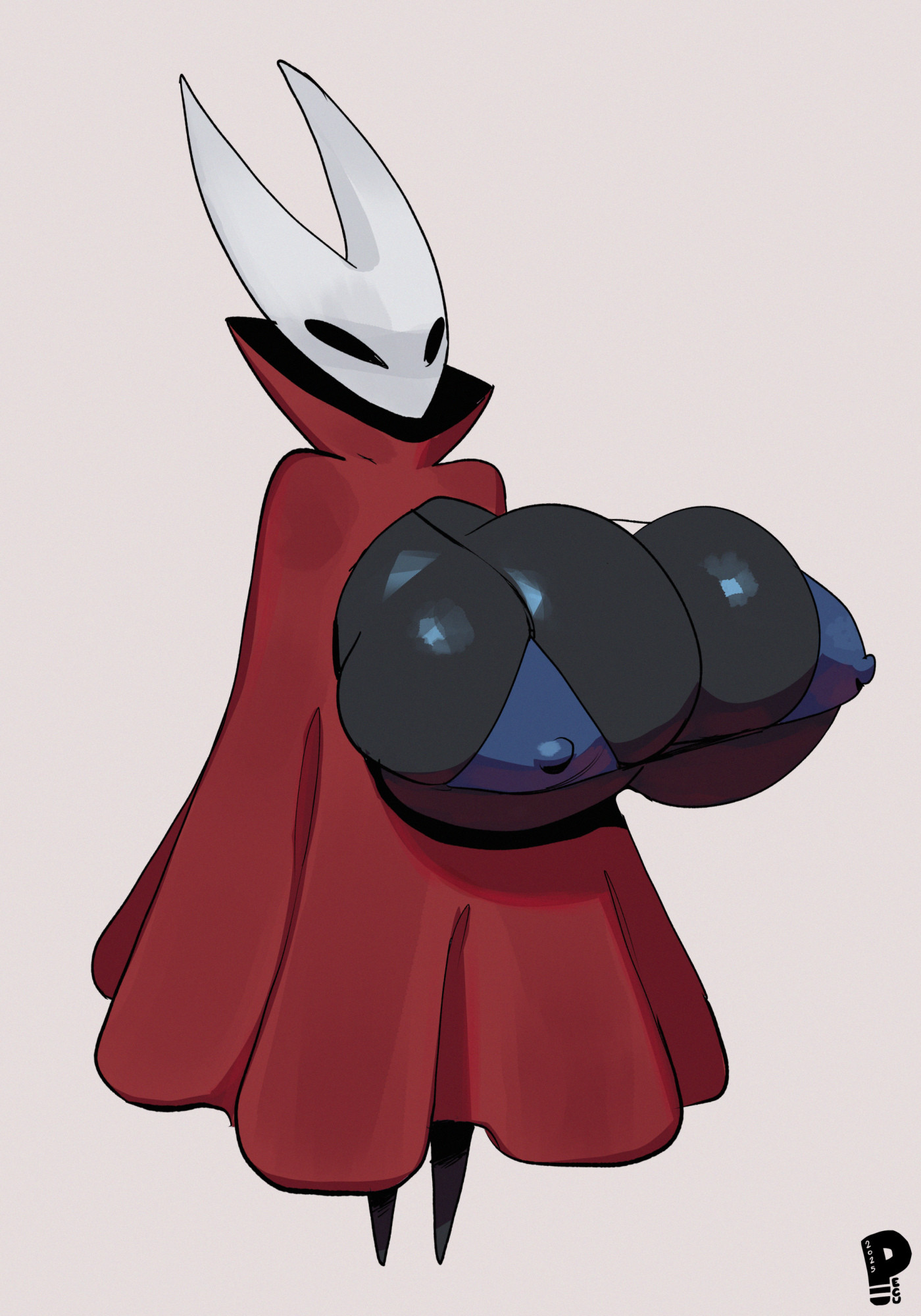 artist logo, artist name, big breasts, bluesky link, breast focus, breasts, cleavage, cloak, clothing, color, cowl, dark skin, exaggerated anatomy, eyebrowless, female, female only, hollow knight, hornet (hollow knight), huge breasts, hyper, hyper breasts, large breasts, looking at viewer, massive breasts, nipple bulge, patreon link, peculiart, simple background, sling bikini, solid eyes, solo, solo female, white background