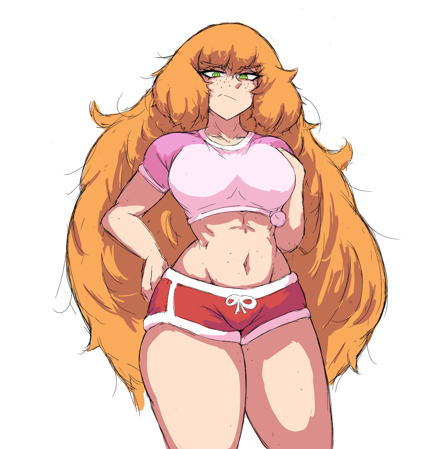 breasts, female, ishmael (limbus company), light skin, limbus company, littleteze, orange hair, project moon, red shorts, simple background, waist