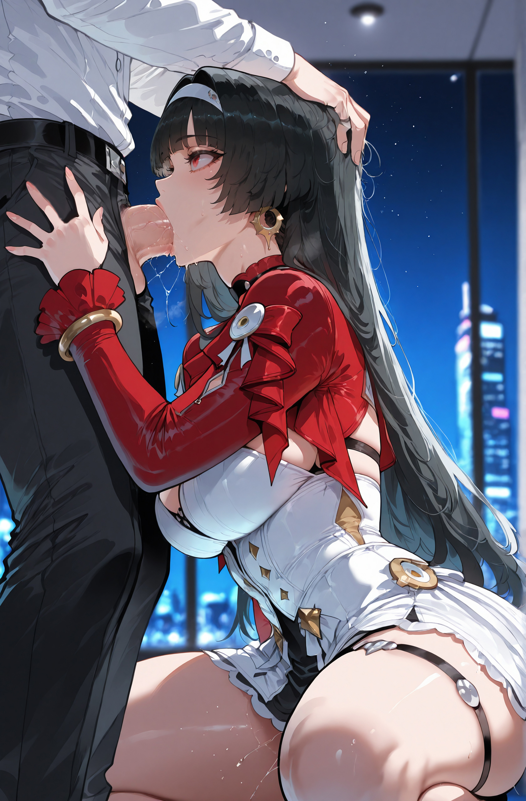 1boy, 1girls, ai generated, ass, astra yao, balls, bangs, belt, black belt, black hair, black pants, blush, bracelet, breasts, clothed female, clothed female nude male, clothed sex, clothing, curvaceous, curvaceous female, curvaceous figure, curvy, curvy figure, deepthroat, dress, earrings, erection, fellatio, female, female focus, footwear, hair ornament, hairband, hand on another's head, headwear, indoors, jacket, jewelry, kneeling, large breasts, legwear, long hair, long sleeves, male, miyuai, night, night sky, nipples, nude, nude male, oral, outdoors, pants, penis, puffy sleeves, pussy, pussy juice, red eyes, saliva, saliva trail, sex, shirt, sitting, skindentation, skirt, sky, solo focus, standing, straight, sweat, testicles, thigh strap, thighs, voluptuous, voluptuous female, white dress, white hairband, white shirt, zenless zone zero