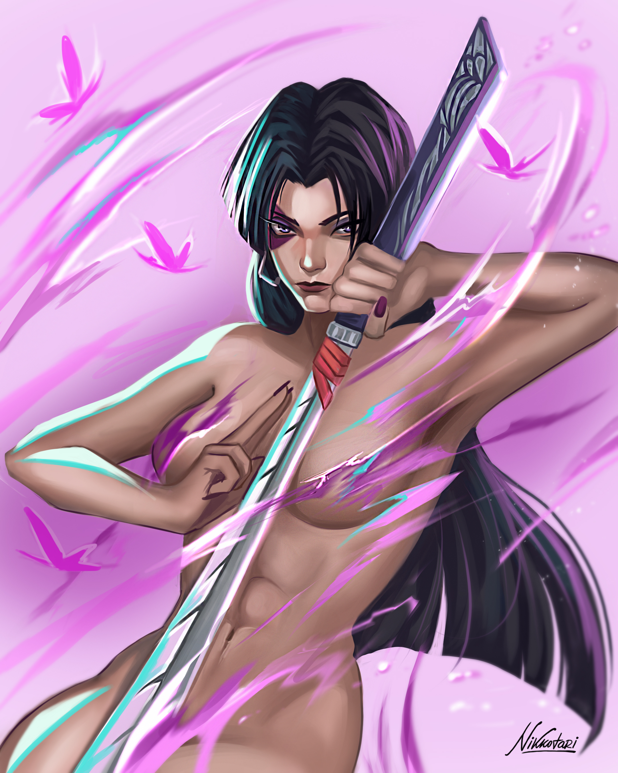 1girls, 2025, abs, accurate art style, artist name, artist signature, artstyle imitation, breasts, convenient censoring, energy, esper, female, female only, fit, fit female, marvel, marvel comics, marvel rivals, muscular, muscular female, nikkotari, no nipples, nude, nude female, psylocke, psylocke (sai) (vengeance), questionable, solo, solo female, sword, weapon, x-men