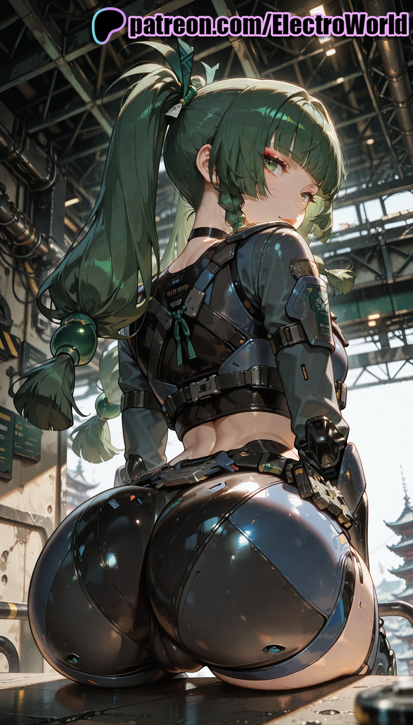 1girls, 2025, ai generated, artist name, ass, bangs, blunt bangs, braid, electroworld, female, green eyes, green hair, hi res, high quality, high resolution, highres, long hair, patreon, patreon username, qingyi (zenless zone zero), stable diffusion, watermark, zenless zone zero