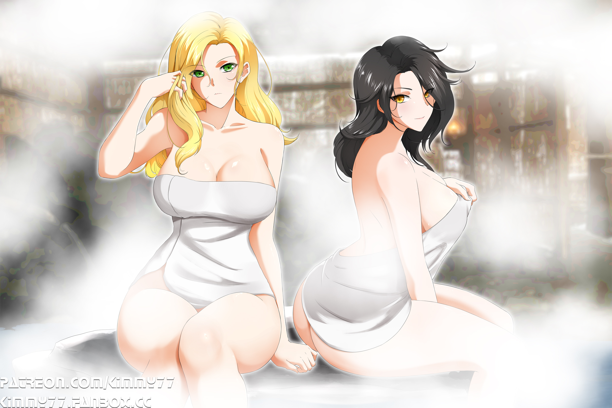 2girls, big breasts, black hair, blonde hair, breasts, cinder fall, covering, female, female focus, female only, glynda goodwitch, green eyes, kimmy77, milf, naked, naked female, nude, nude female, rwby, steam