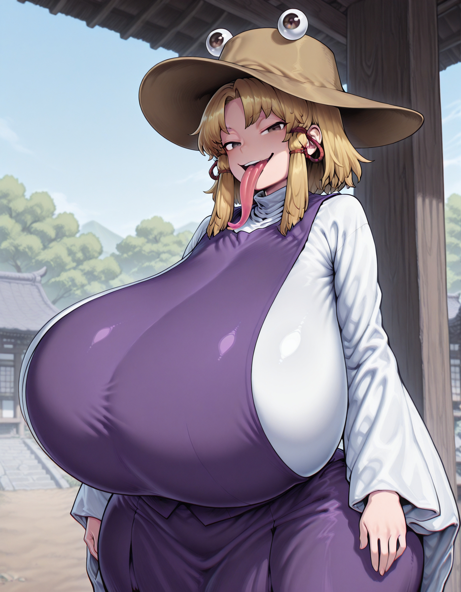 1girls ai_generated blonde_hair breasts cleavage clothing female hat huge_breasts long_tongue short_hair solo_female standing suwako_moriya tongue tongue_out touhou yellow_eyes