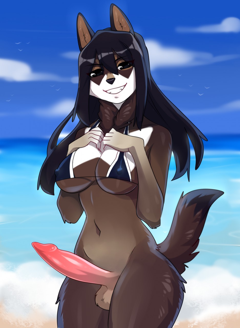 1futa 2018 anthro balls beach bikini bikini_top black_hair bottomless breasts canid canine canis cleavage clothed clothing detailed_background digital_media_(artwork) erection fur futanari genitals gynomorph hair hi_res humanoid_genitalia humanoid_penis intersex long_hair looking_at_viewer mammal midriff mtg_crossgender mti_crossgender navel nipple_outline nipples outside penis rule_63 sand seaside sky smile solo solo_futa swimwear tai_(viskasunya) teeth thick_thighs topwear viskasunya water wide_hips wolf